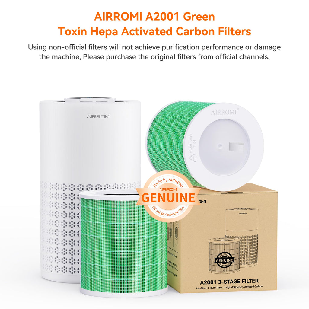 AIRROMI A2001 HEPA Air Purifier Replacement Filter, 3-In-1 Original Filter, Remove 99.97% of 0.3 Micron Particle 2 Pack White Activated Carbon
