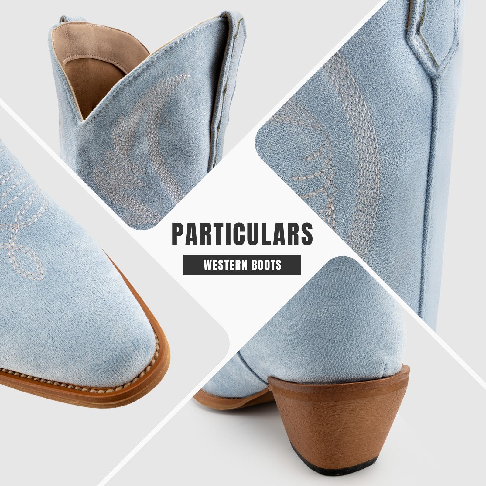 GORBINETI Women Cowboy Boots Mid Calf Cowgirl Western Boots Embroidered Suede Pull On Almond Toe Chunky Heel