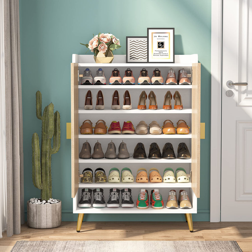 Tribesigns Shoe Cabinet with Doors, 7-Tier Shoe Storage Cabinet with Adjustable Shelves, Wooden Shoes Rack Shoe Storage Organizer for Entryway, Hallway, Closet, Living Room, Black