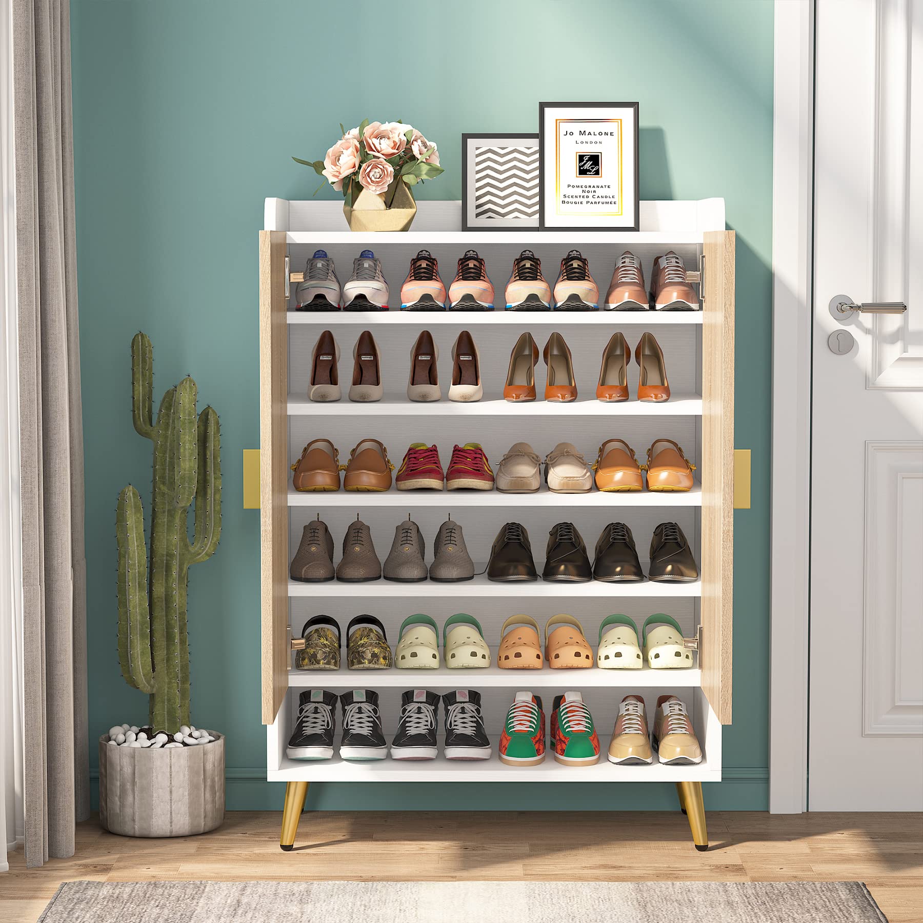 Tribesigns Shoe Cabinet with Doors, 7-Tier Shoe Storage Cabinet with Adjustable Shelves, Wooden Shoes Rack Shoe Storage Organizer for Entryway, Hallway, Closet, Living Room, Black