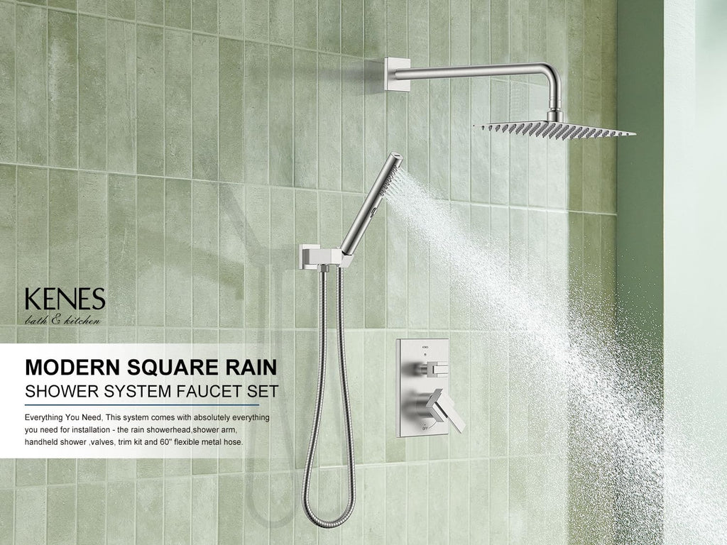 KENES Brushed Nickel 10-Inch Shower Head and Handle Set, Square Shower Faucet Set Bathroom Rainfall Shower System Wall Mount, KE-6024B (Shower Valve Included)