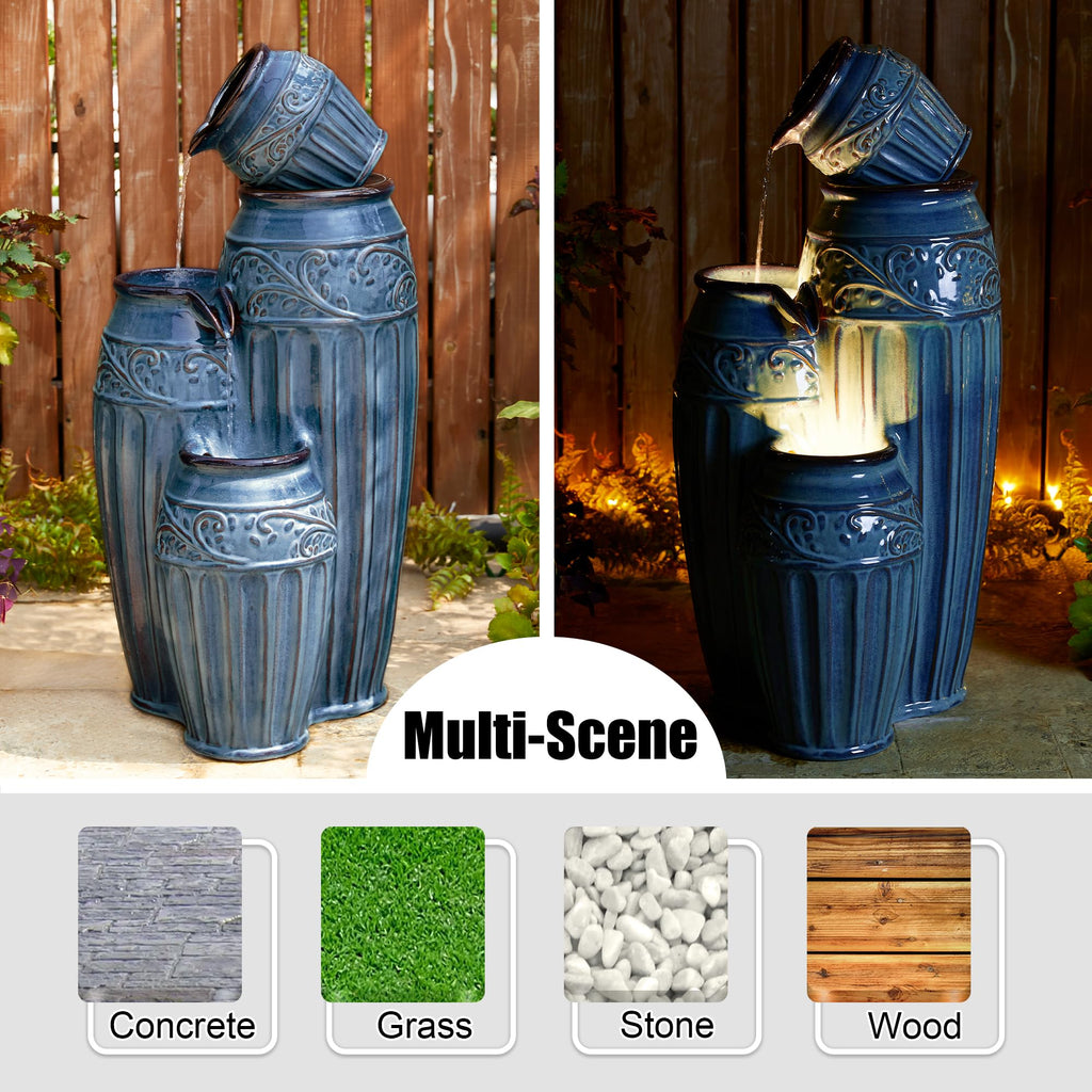 Glitzhome 27.25" H Outdoor Garden Water Fountain with LED Lights and Pump, 4 Tier Cobalt Blue Embossed Pattern Ceramic Pots Cascading Floor Standing Fountain for Porch Deck Patio Backyard Decoration
