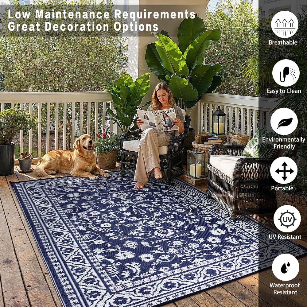 PureCozy Outdoor Plastic Straw Rug Black Beige Large Outside Waterproof Outdoor Patio 5x8 Carpet Geometric Reversible Mat Modern for Camping RV Porch Deck Balcony Beach