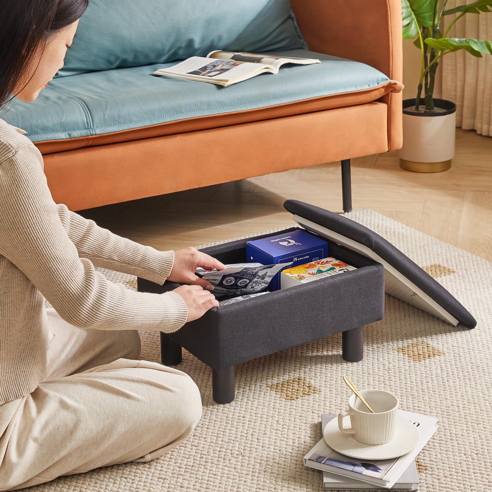 IBUYKE 16.54" Small Footstool, PU Faux Leather Step Stool, with Padded Seat Pine Wood Legs and Padded Rectangular Stool, for Bedroom, Black RF-BD210