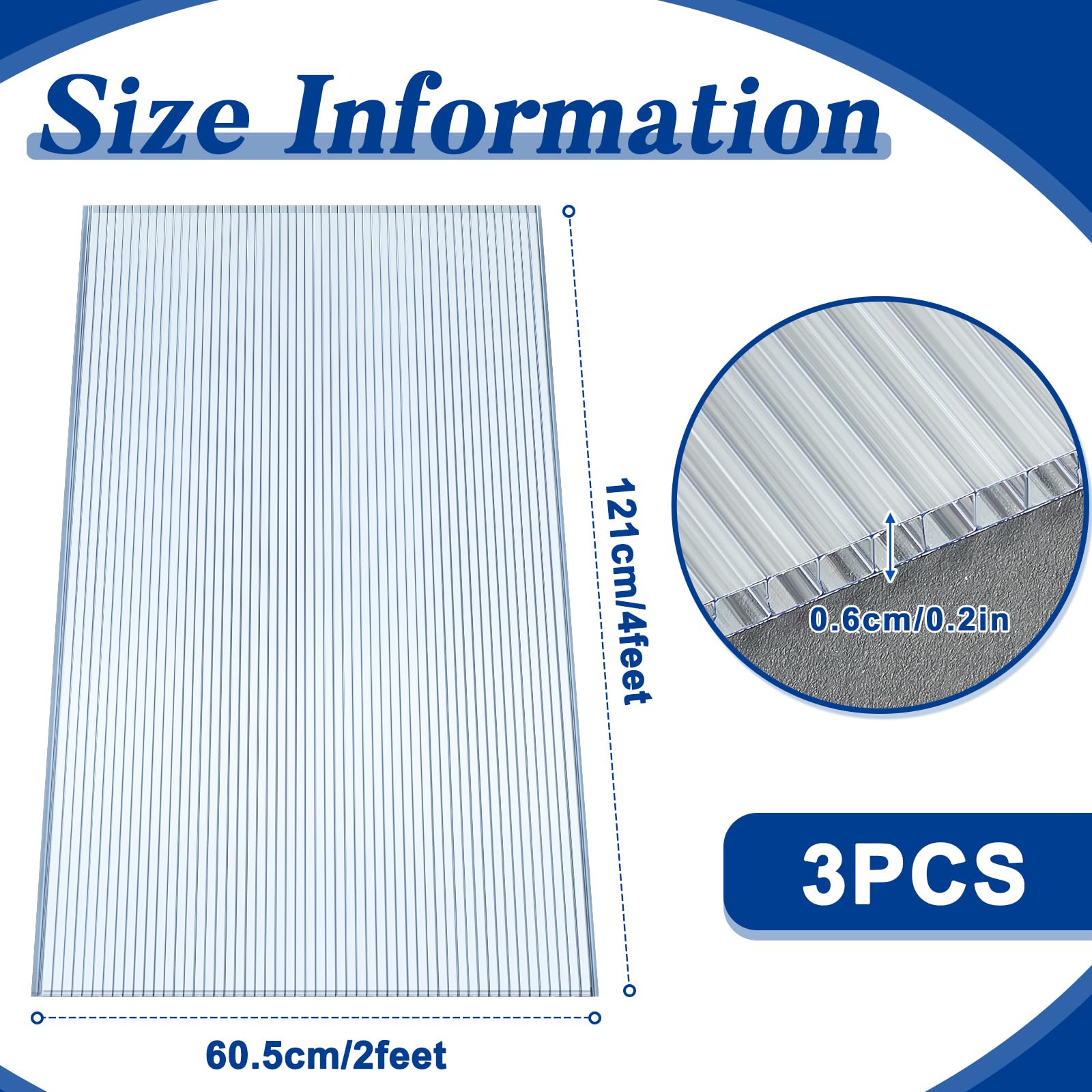 Hotop 3 Pcs Polycarbonate Greenhouse Panels Double Layer Polycarbonate Panels Waterproof UV Protected Sheet Corrugated Plastic Roof Greenhouse Replacement Cover (4' X 2' X 0.24")