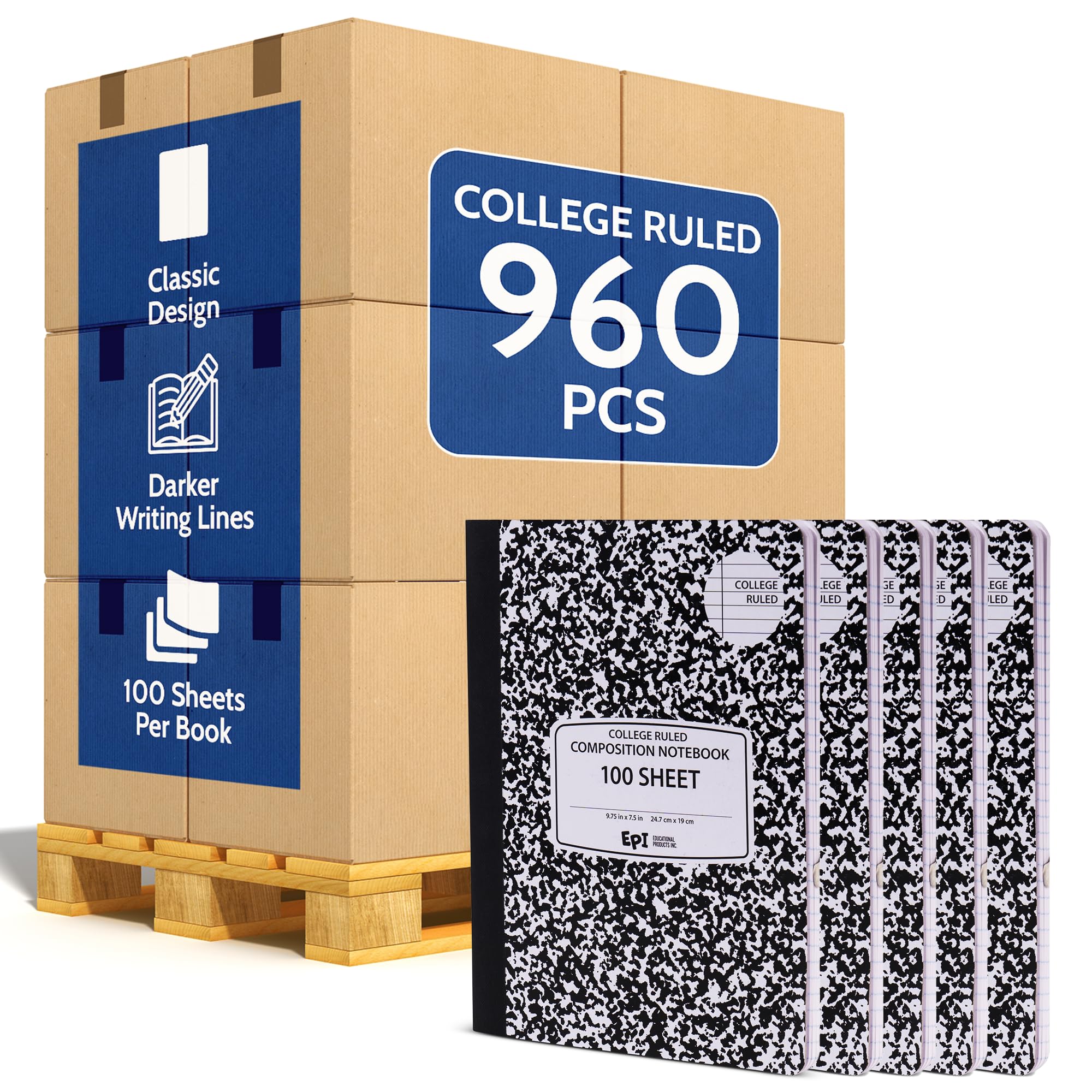 3 Pack - EPI Marble Hardcover Wide Ruled Composition Notebook | 200 Pages (100 Sheets), 9.75 x 7.5 in, Sturdy Sewn Binding | School, Office, Journaling, Notes