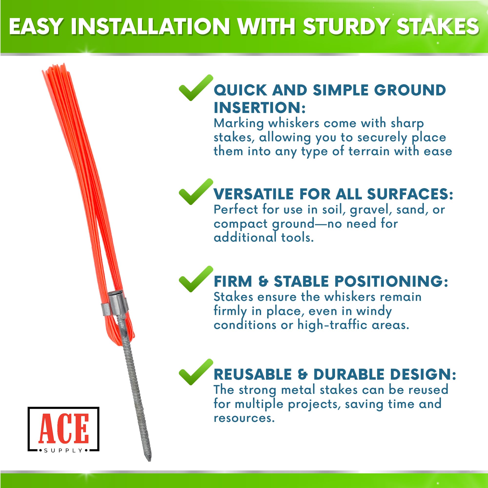 Blue Marking Whiskers With Stakes - 25 Pack - Durable Marking Whisker Set - Use Survey Whiskers As Ground Markers, Construction Markers, Or Trail Markers