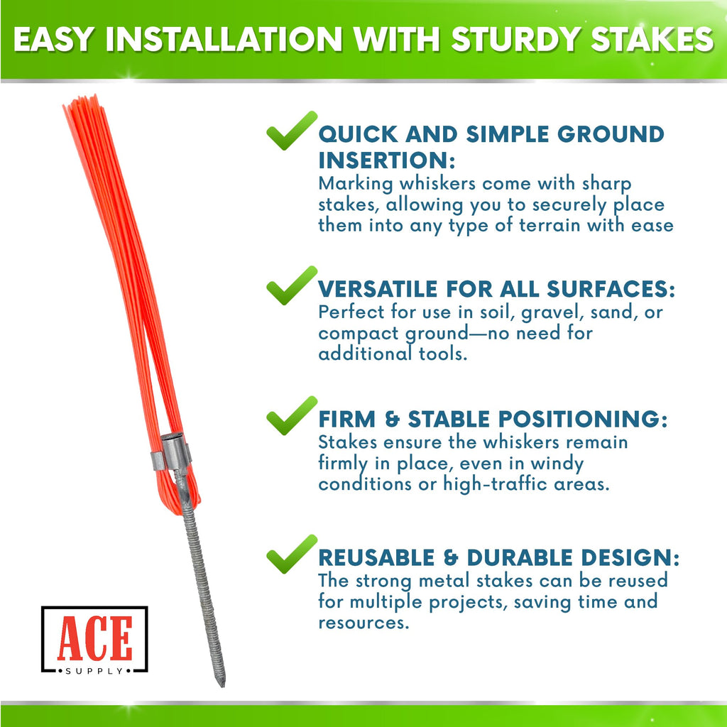 Blue Marking Whiskers With Stakes - 25 Pack - Durable Marking Whisker Set - Use Survey Whiskers As Ground Markers, Construction Markers, Or Trail Markers