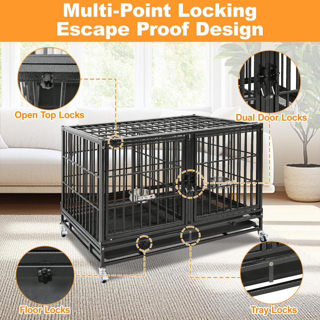 Homey Pet 37 inch Stackable Heavy Duty Dog Crate, Indestructible Escape Proof Dogs Cage Kennel with Lockable Wheels, Removable Tray & Metal Grid, Double Doors for High Anxiety Medium/Small Dogs
