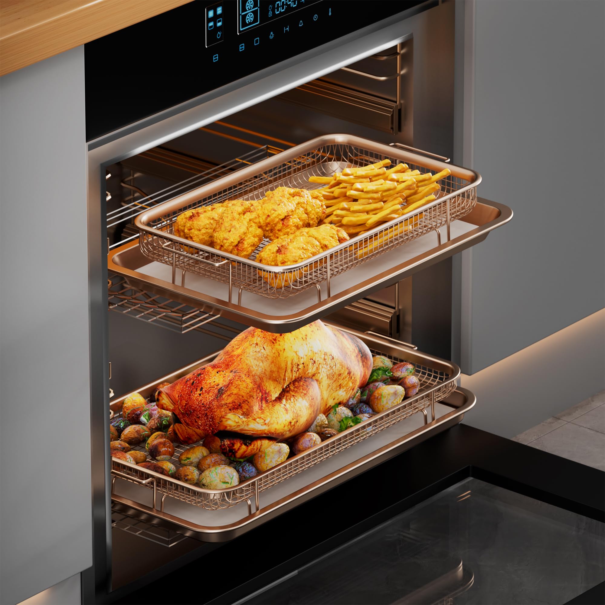 Air Fryer Basket for Oven, Large14.88"×10.98"Air Fryer Pans for Convection Oven with 30 Sheet Parchment Papers, THORSES Non-Stick Stainless Steel Air Fryer Basket and Tray for Multi Cooking - Black