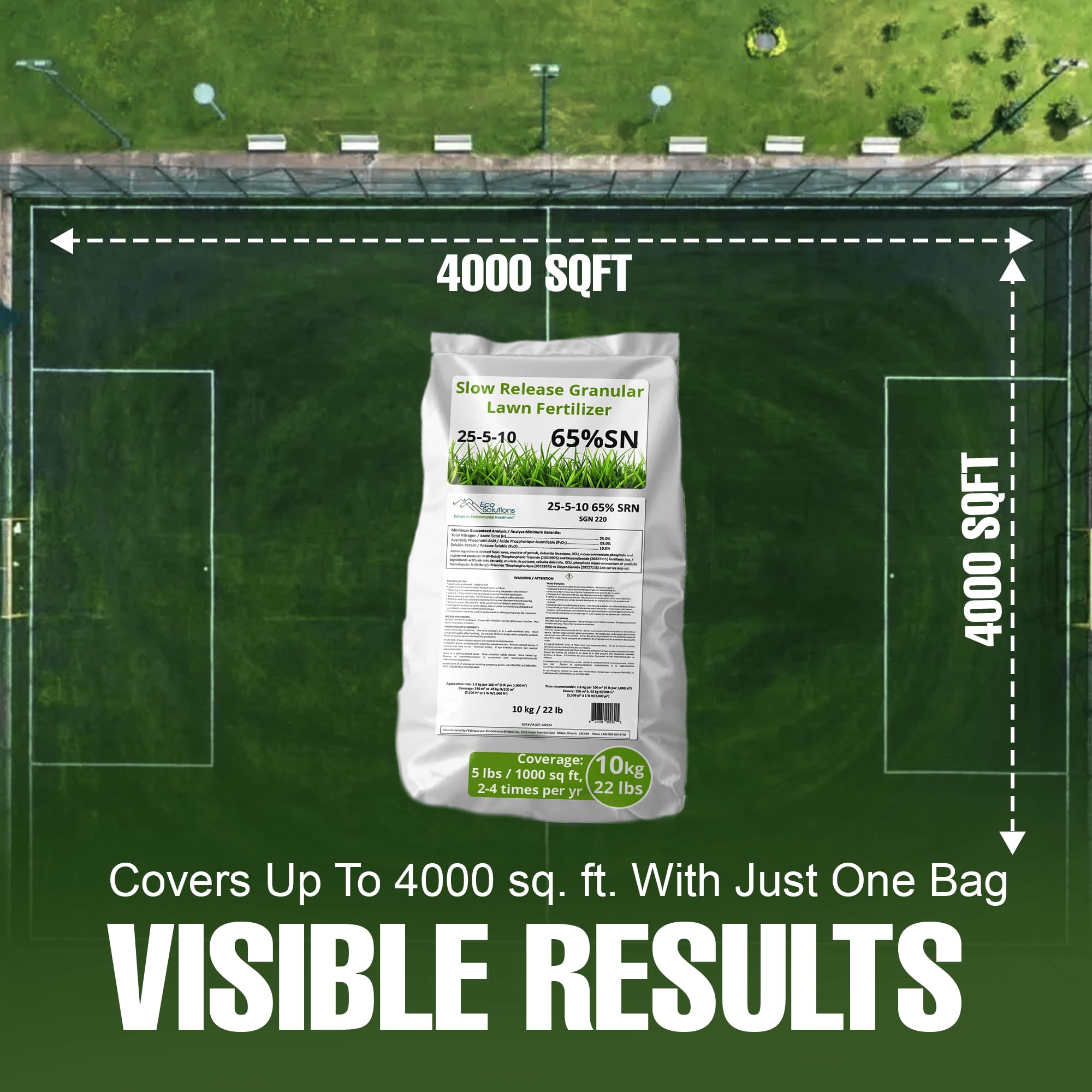 Slow Release Lawn Fertilizer 25-5-10 NPK - 65% Granular Nitrogen Formula for Deep Feeding up to 110 Days - 10kg (22lbs) Bag - Kid & Pet Safe Lawn Care for Lush Green Grass