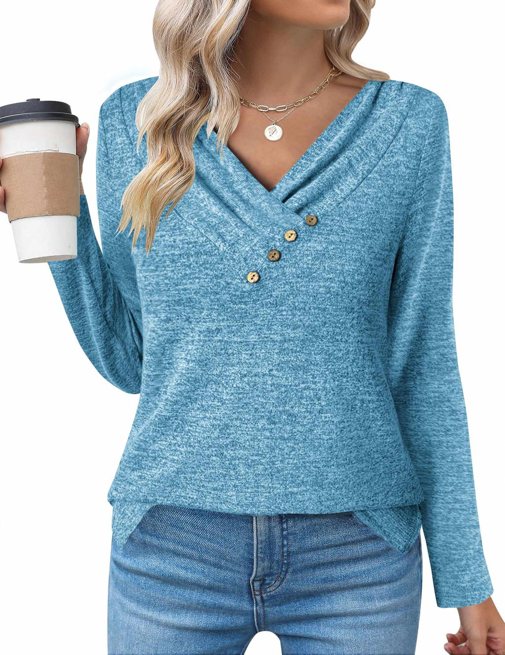 Zeagoo Women's Casual Tunic Tops Long Sleeve Shirts for Leggings V Neck Button Fall Pullover Blouse Loose Sweatshirts