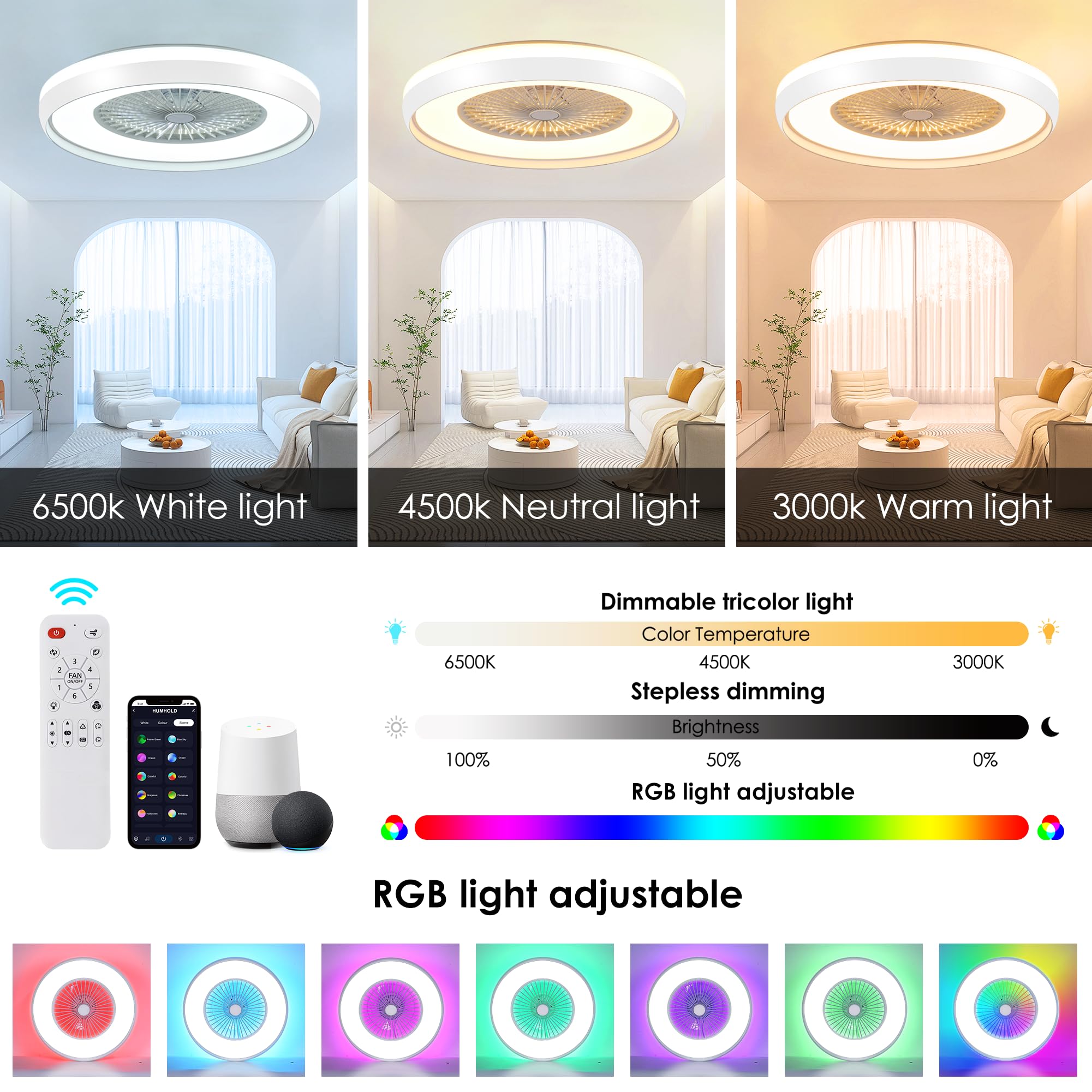 24" Bladeless Ceiling Fan with Light Remote, Smart LED Ceiling Fans with App Control, Modern Low Profile Dimmable Light Ceiling Fan for Bedroom Living Room Gold