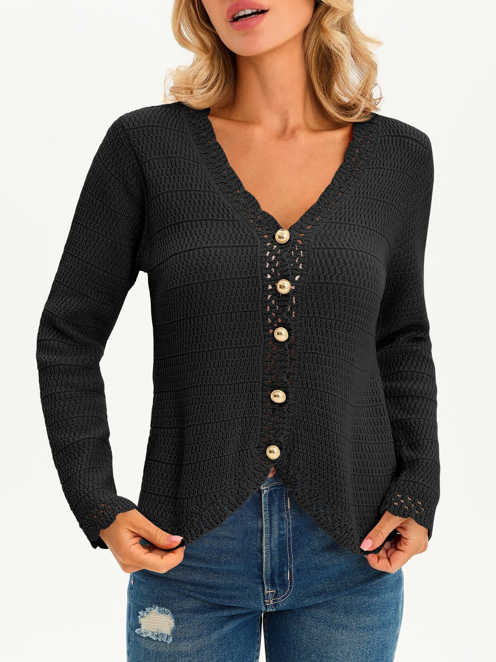 Saodimallsu Womens V Neck Cardigan Sweaters Button Up Cropped Boho Knit Long Sleeve Loose Trendy Sweater Tops