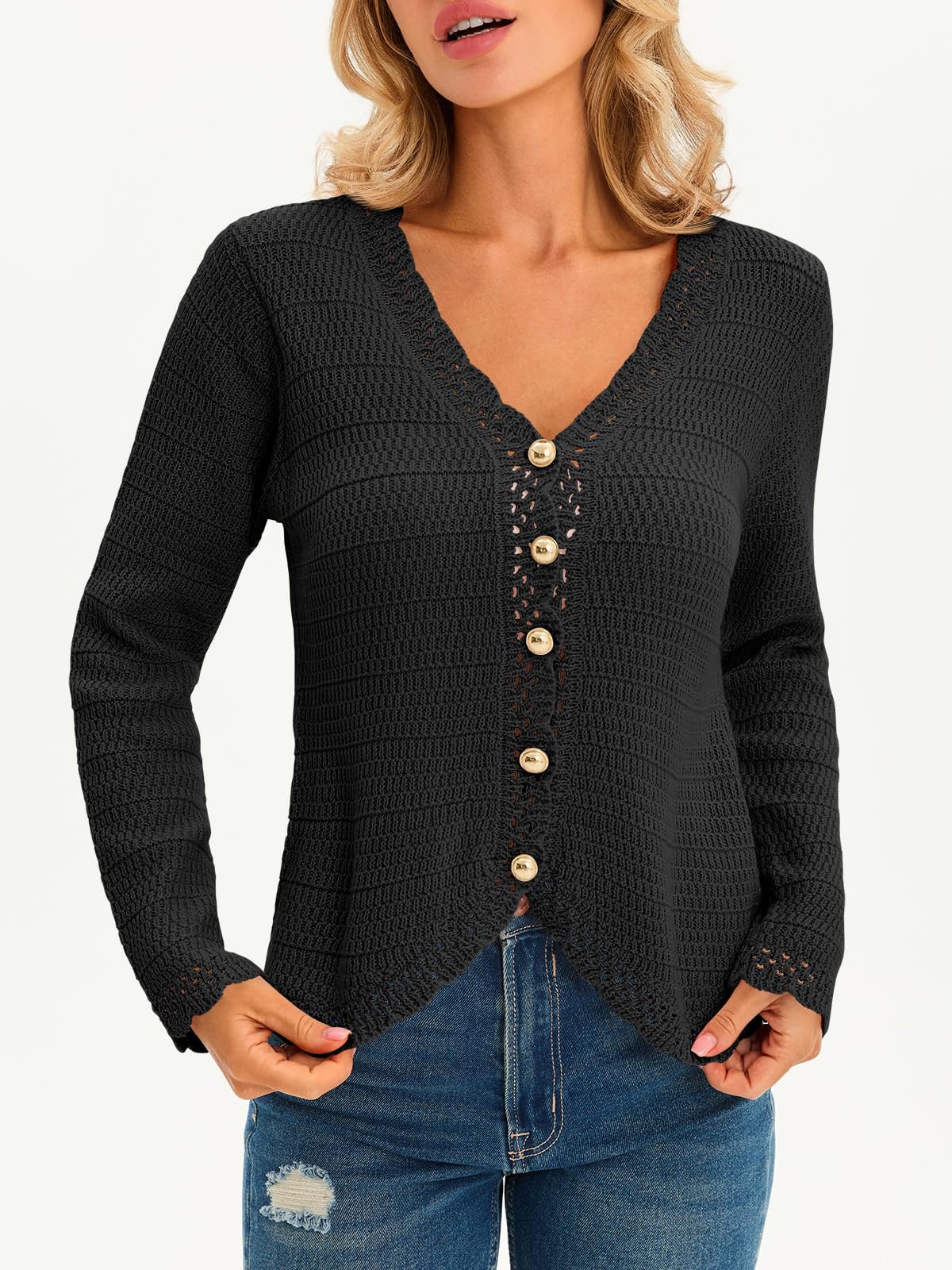 Saodimallsu Womens V Neck Cardigan Sweaters Button Up Cropped Boho Knit Long Sleeve Loose Trendy Sweater Tops
