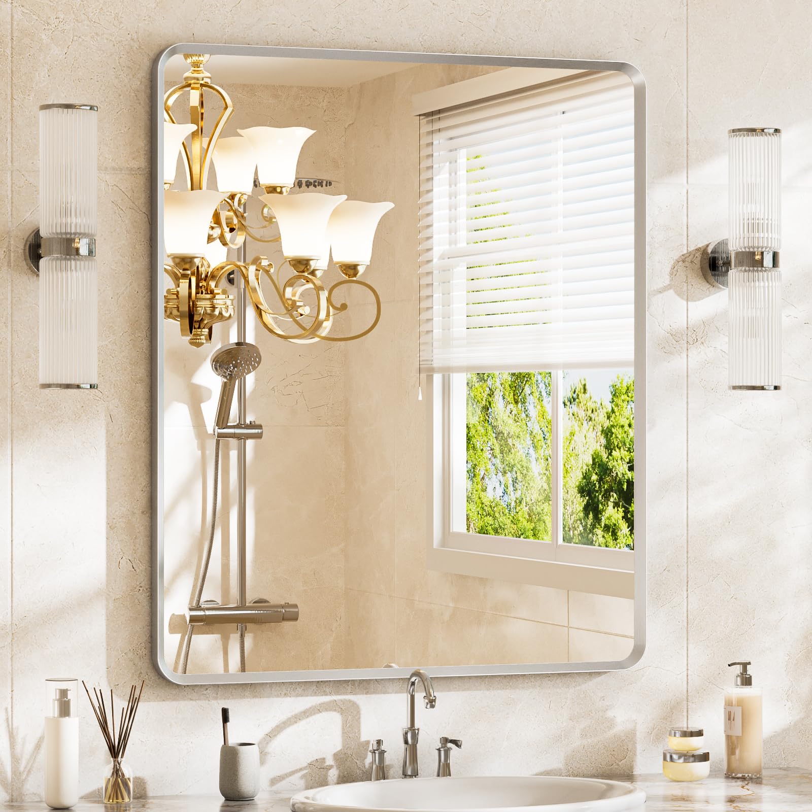 22x30 inch Gold Bathroom Mirror,Rounded Rectangle Gold Metal Framed, HD Tempered Glass, Horizontal or Vertical Hanging, Modern Bathroom Decor