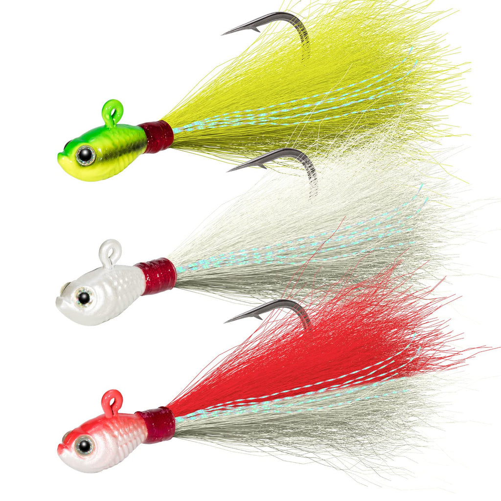 Dr.Fish 3 Pack Bucktail Jig Lure Hair Jig Saltwater Freshwater Lures Surf Fishing Bass Flounder Striper Bluefish Halibut Redfish