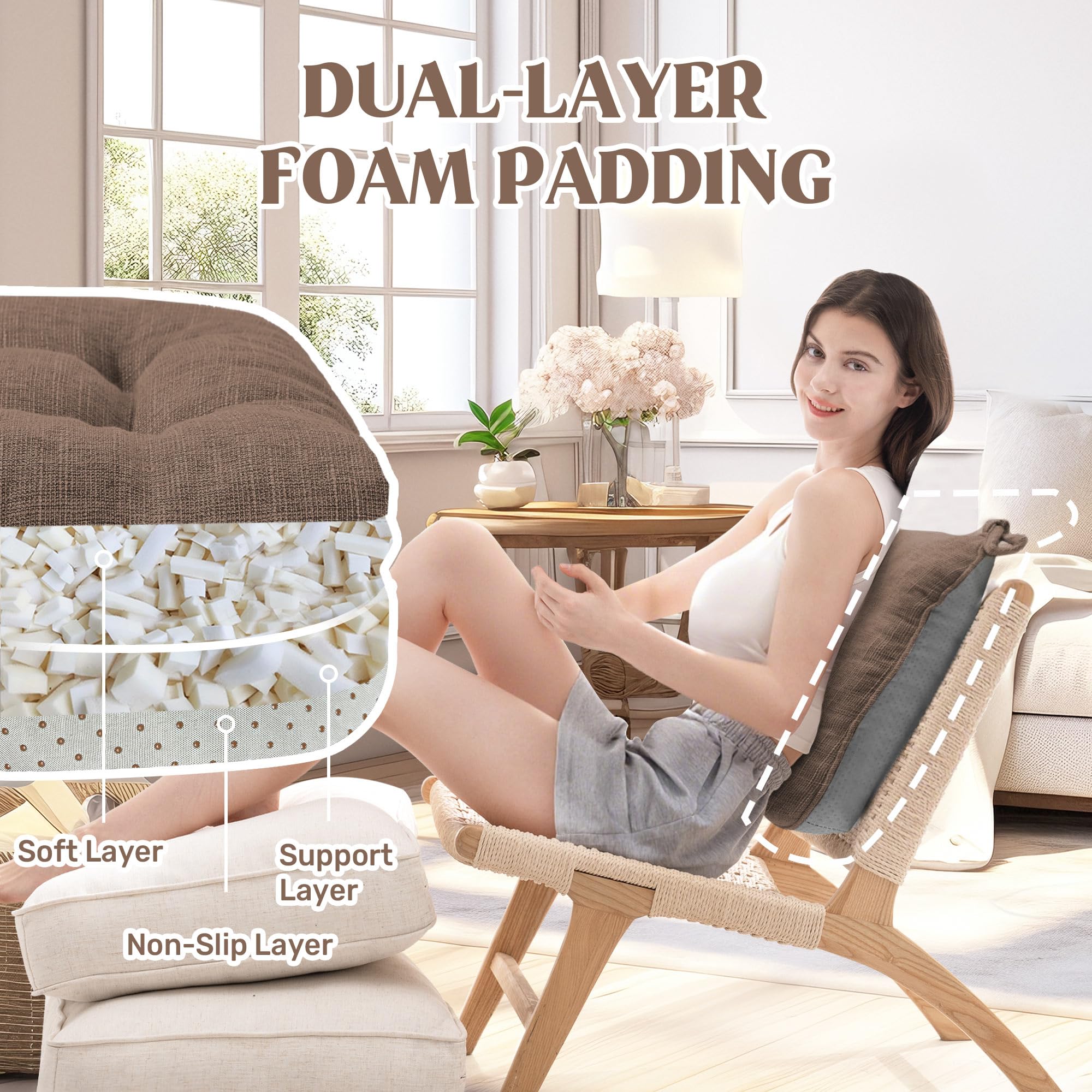 puredown® Chair Cushions for Dining Chairs, Tufted Memory Foam Chair Pads with Non-Slip Backing, Kitchen Seat Cushions with Ties, Washable Seat Pad Set of 4, 15.5" x 15.5" x 4", Light Grey