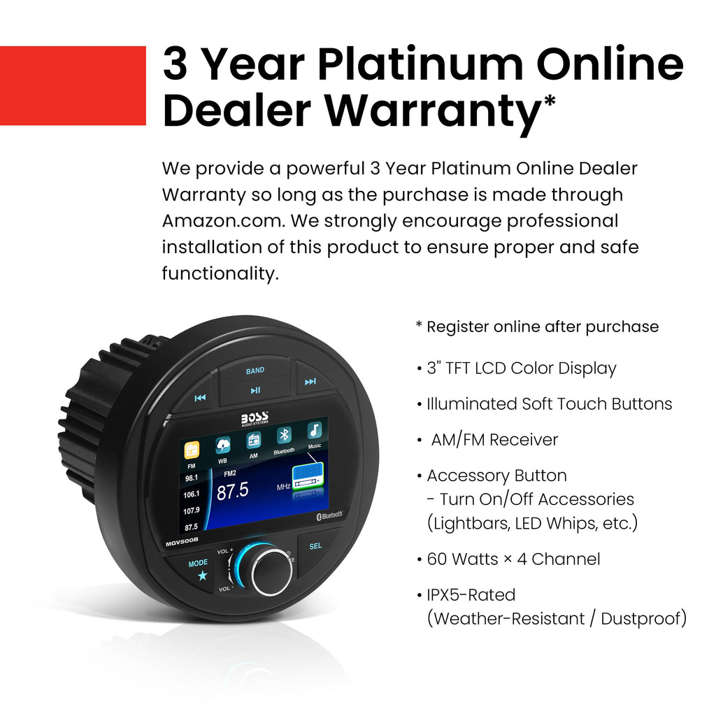 BOSS Audio Systems MGR250B Bluetooth Marine Radio Gauge Receiver, Built-In Amplifier, IPX6-Rated, USB Port + USB Charging