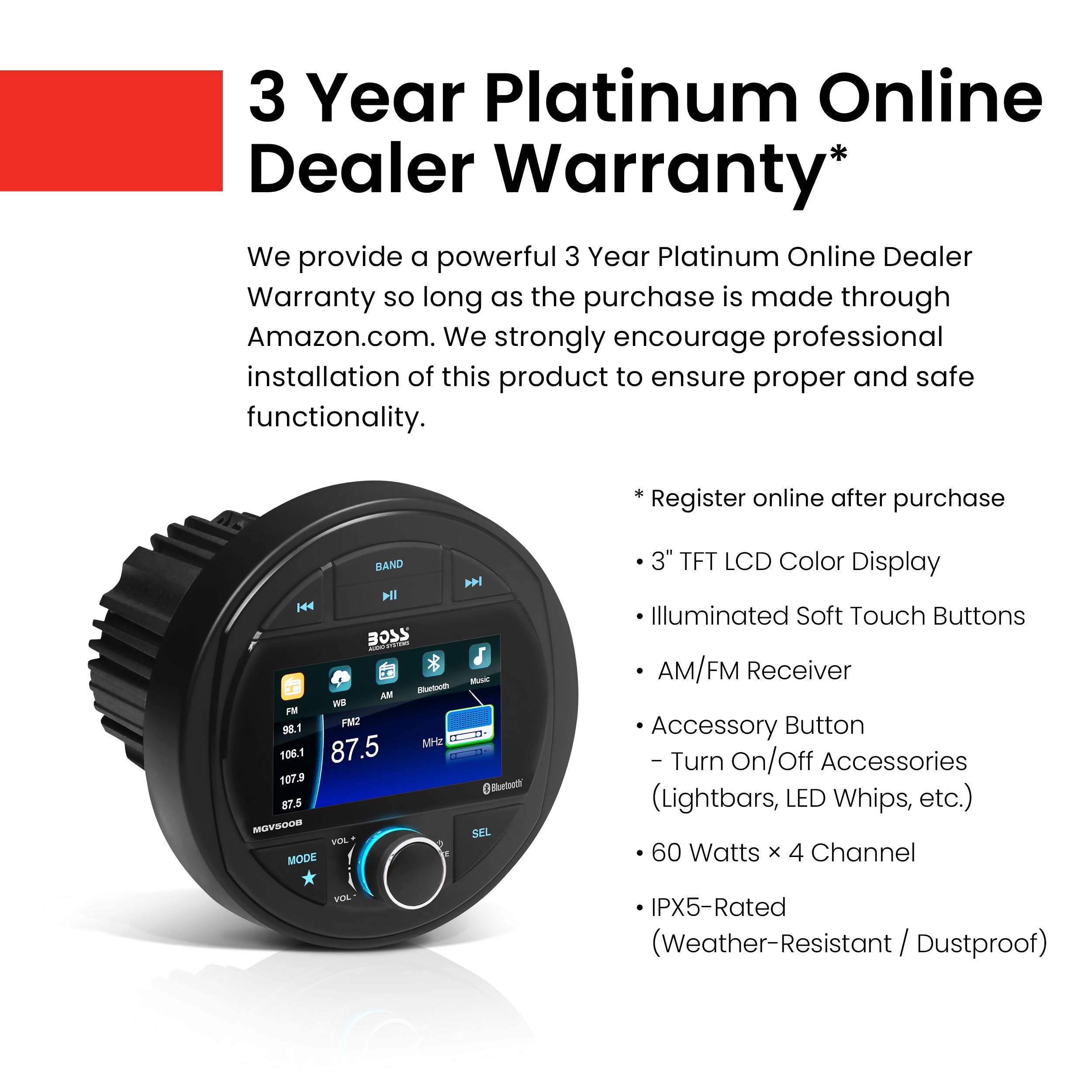 BOSS Audio Systems MGR250B Bluetooth Marine Radio Gauge Receiver, Built-In Amplifier, IPX6-Rated, USB Port + USB Charging