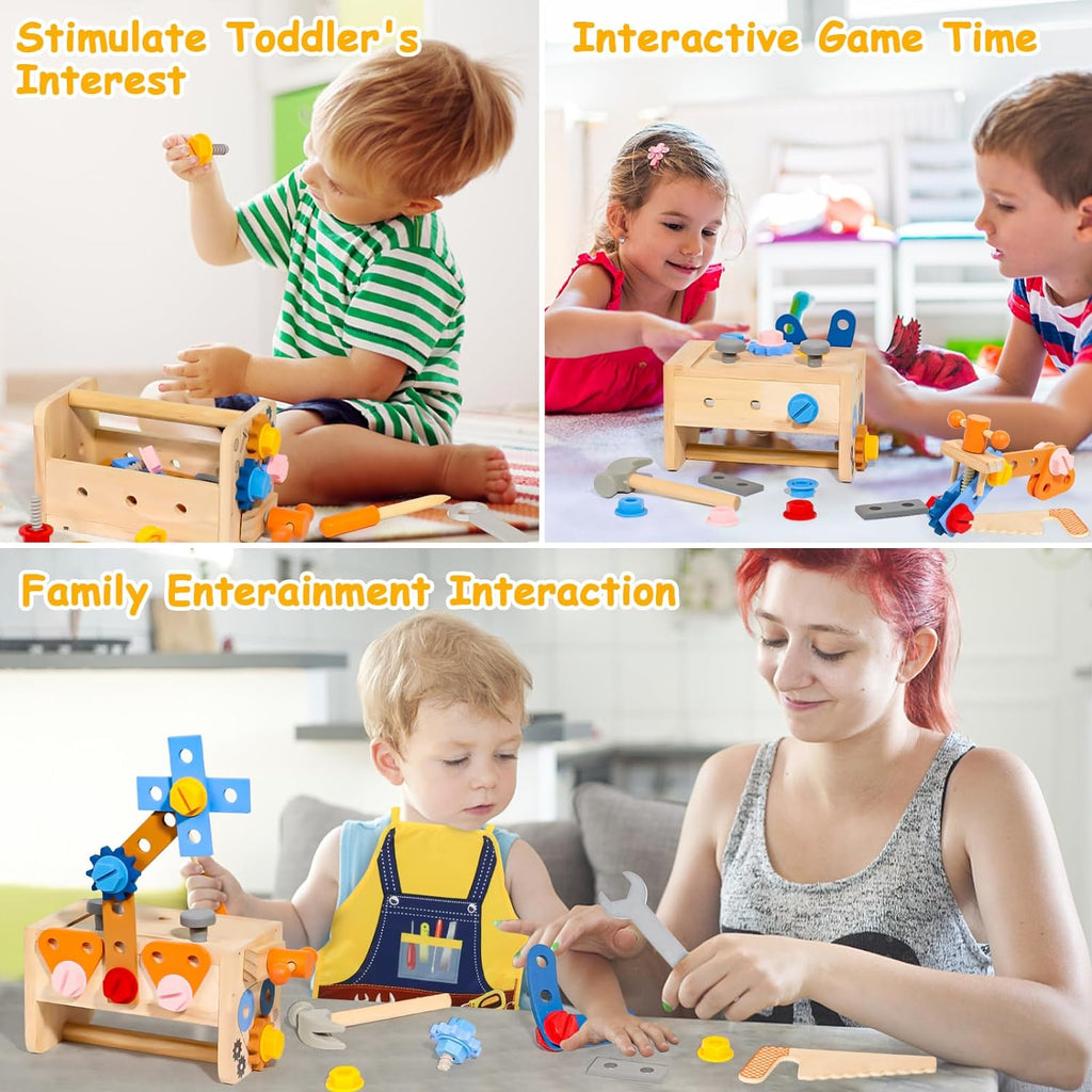 TONZE Kids Tool Set with Apron, 39 PCS Wooden Toddler Tool Bench Box Montessori Toys for 2 3 4 Year Old Boys Girls, Educational STEM Construction Toys Pretend Play Toddler Toys Age 3-5 Birthday Gift