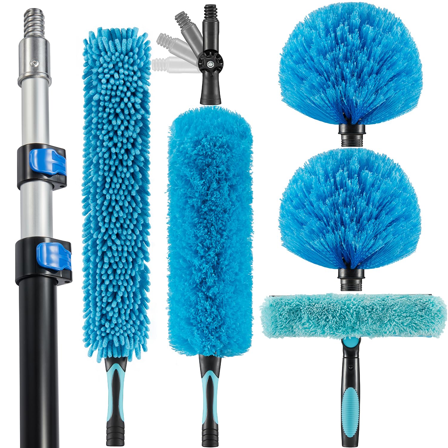 15 Foot High Ceiling Fan Duster with 5-8ft Extension Pole, Extendable Reusable Cobweb, Feather, Window Cleaning Squeegee Kit