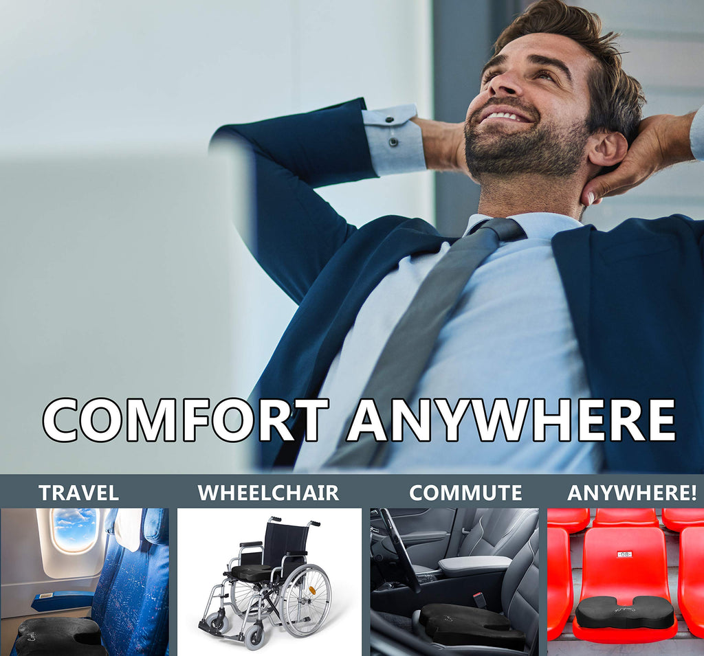 ComfiLife Premium Comfort Seat Cushion - Non-Slip Orthopedic 100% Memory Foam Coccyx Cushion for Tailbone Pain - Cushion for Office Chair Car Seat - Back Pain & Sciatica Relief (Black)