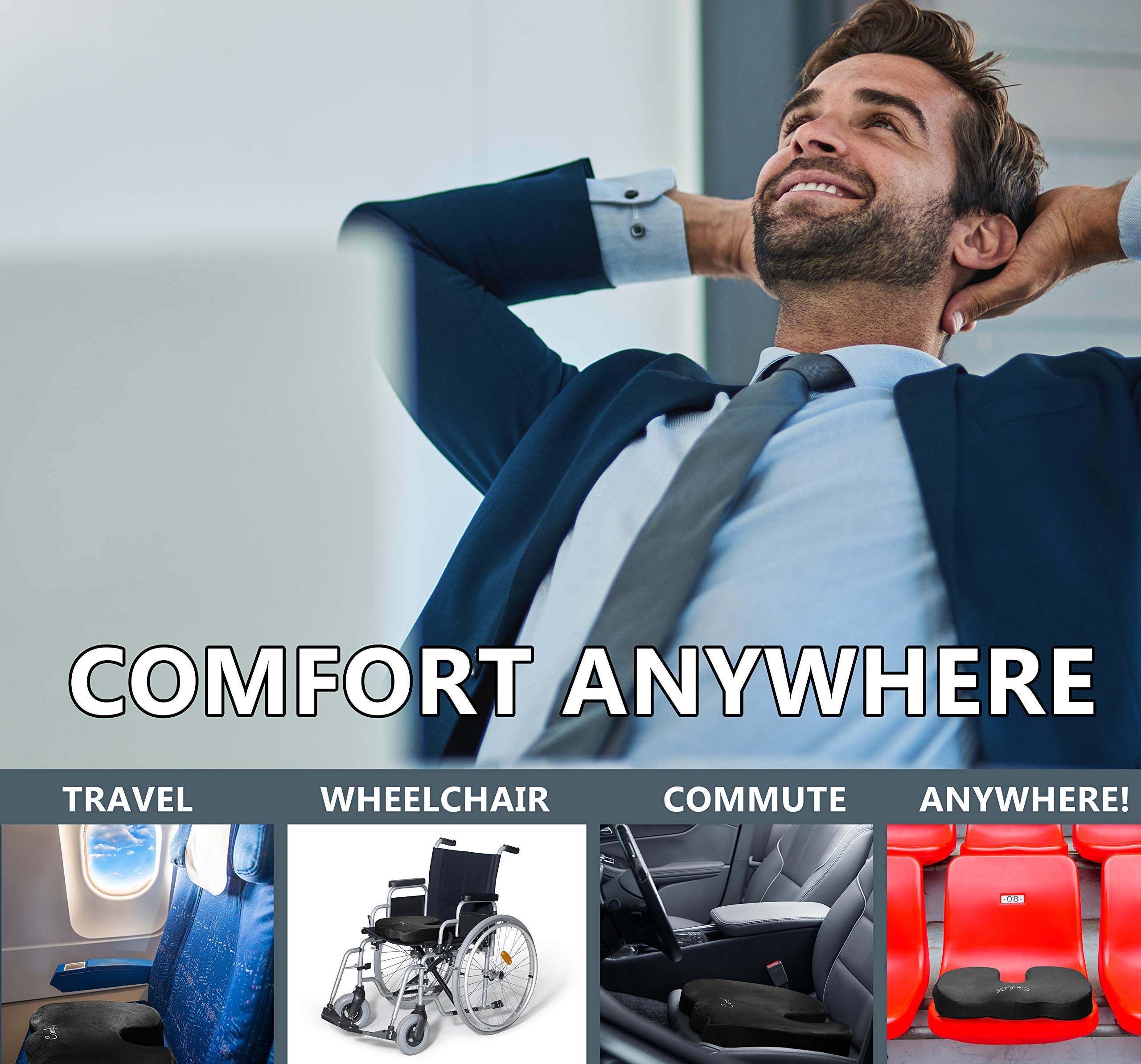 ComfiLife Premium Comfort Seat Cushion - Non-Slip Orthopedic 100% Memory Foam Coccyx Cushion for Tailbone Pain - Cushion for Office Chair Car Seat - Back Pain & Sciatica Relief (Black)