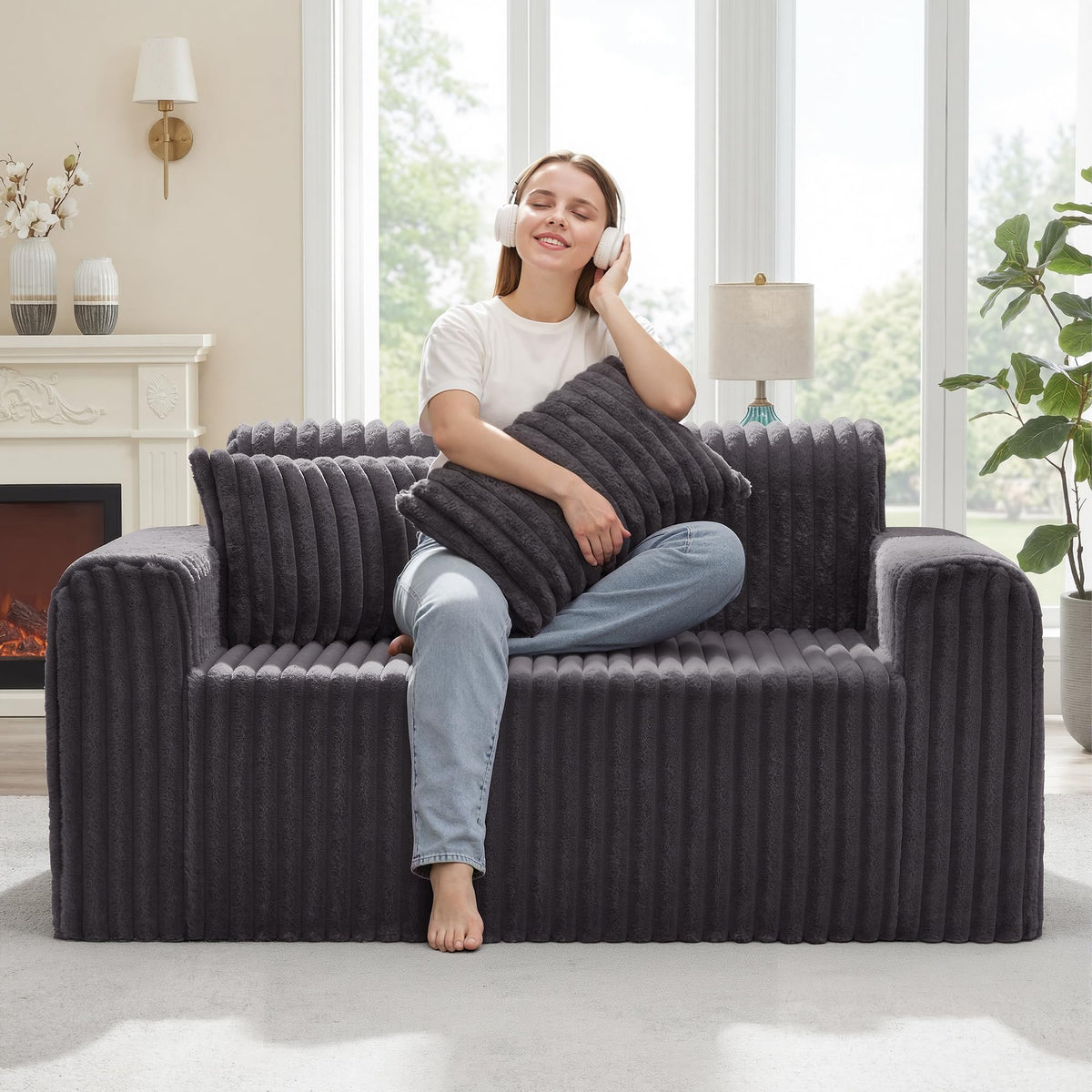Hobestluk Single Sofa Foam Couch Sofa for Small Spaces Comfy Sofas with Removable Cover Furry Couch with Pillows for Living Room, Bedroom, Apartment, Office (Black, Standard)