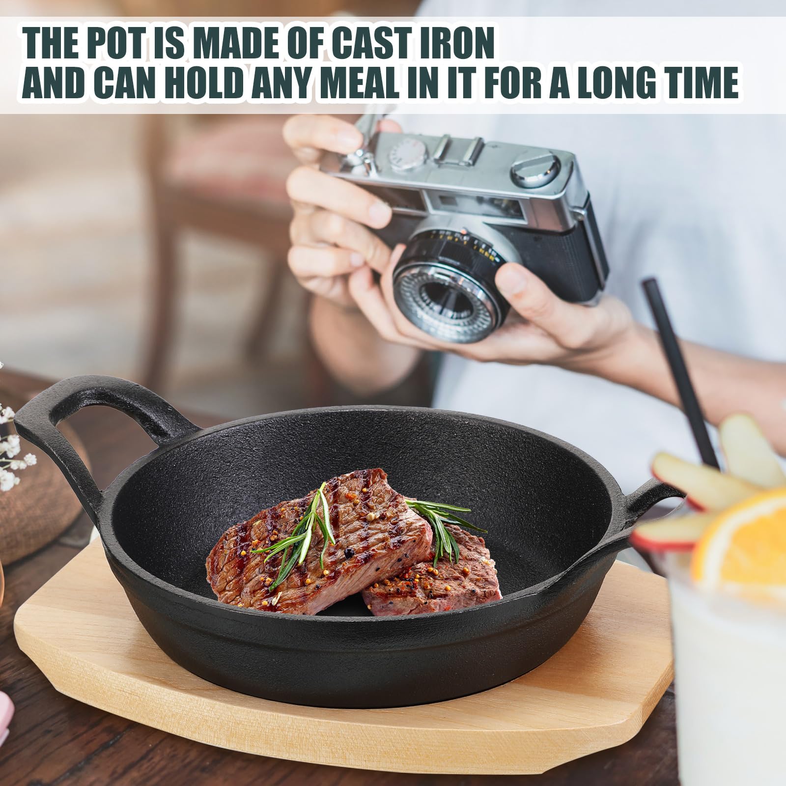 Sliner 4 Sets Mini Cast Iron Skillet Small Cast Iron Plates Skillet with Wooden Base Small Round Pan Fajita Plate Pot for Baking Cooking(3.9 Inch)