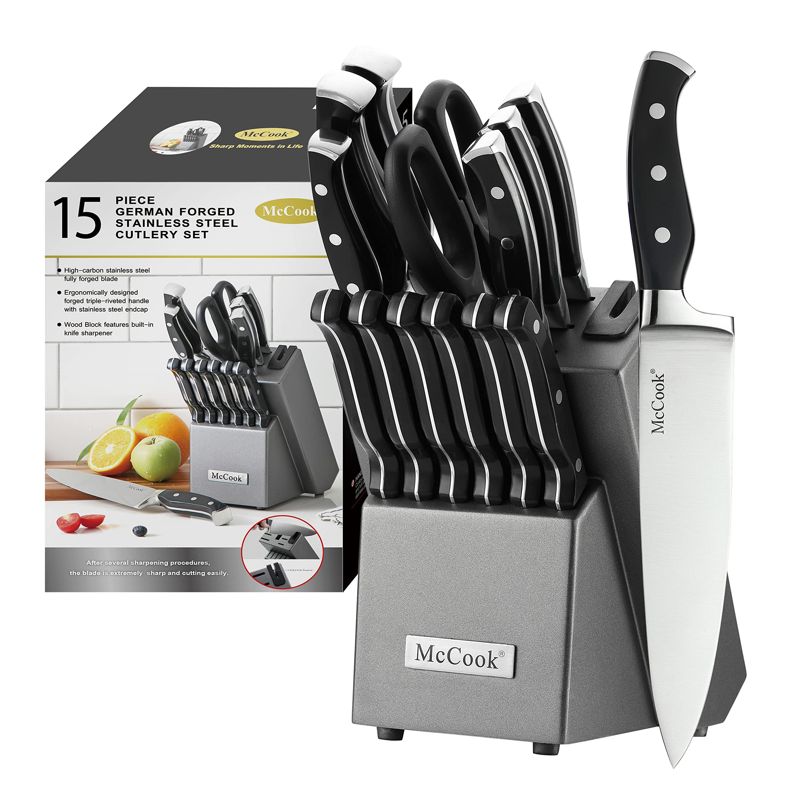 McCook® Knife Sets,German Stainless Steel Kitchen Knife Block Set with Built-in Sharpener, 20-Piece Razor-Sharp Kitchen Knives, Forged Triple Rivet,Full Tang,Ergonomic Handle,Elegant Box for Gift