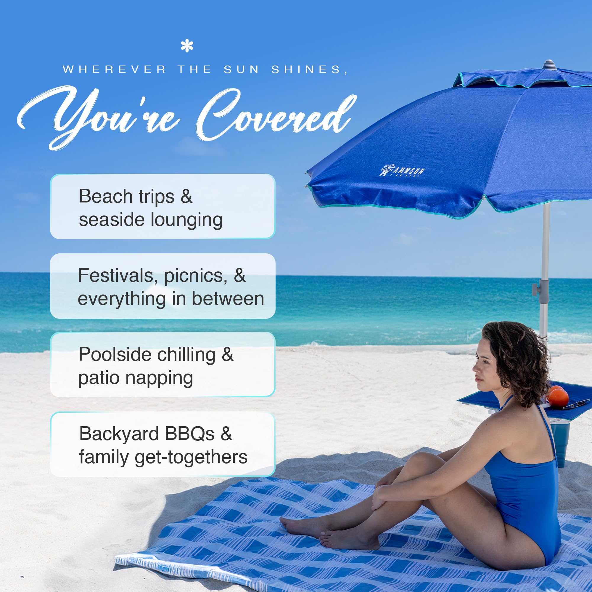 AMMSUN 7ft Heavy Duty High Wind Beach Umbrella with sand anchor, Built-in Table Tray Vent Tilt Pole, UPF 50+ Windproof Portable Outdoor Umbrellas Carry Bag for Patio Garden Pool Backyard stripe