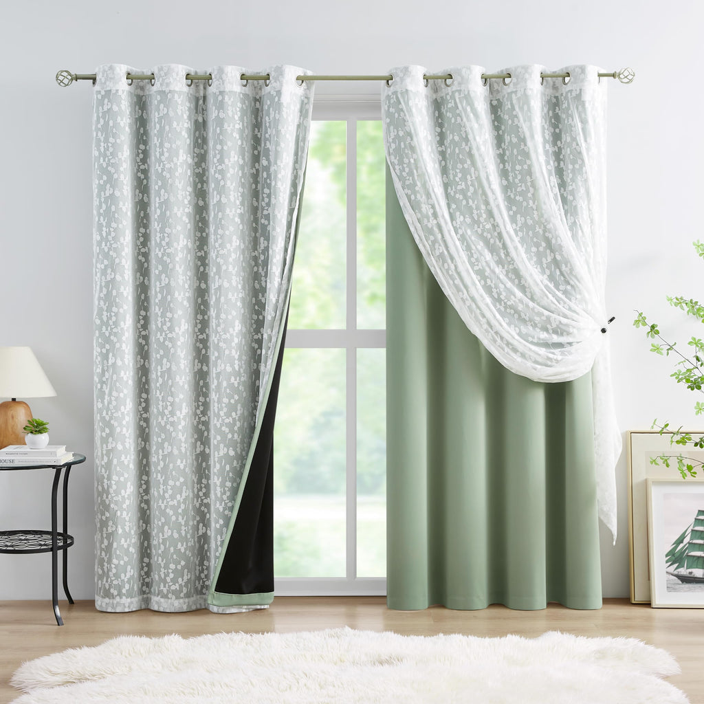 Jubilantex Full Blackout Curtains + Leaf Sheer Window Panels, Beige Mix and Match Style Double Layer Window Treatment Sets for Bedroom Living Room, 4 Panels 52" W x 63" L, Beige and White