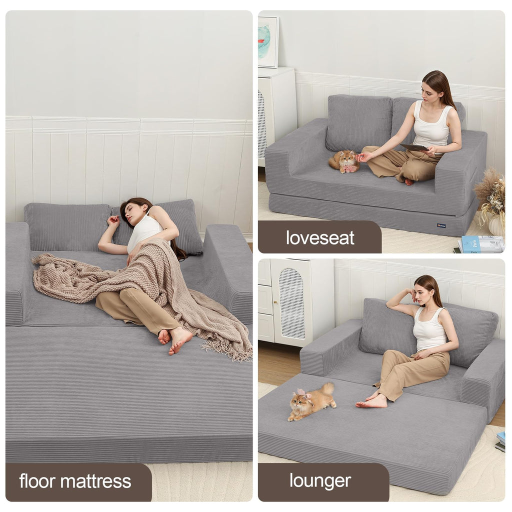 COMAX Futon Sofa Bed, 4‑in‑1 Convertible Sofa Bed, Folding Boneless Couches | Boneless Couch for living room, Fold Out Small Foldable Loveseat Floor Sleeper Mattress Lounge Space‑Saving, Ash Gray