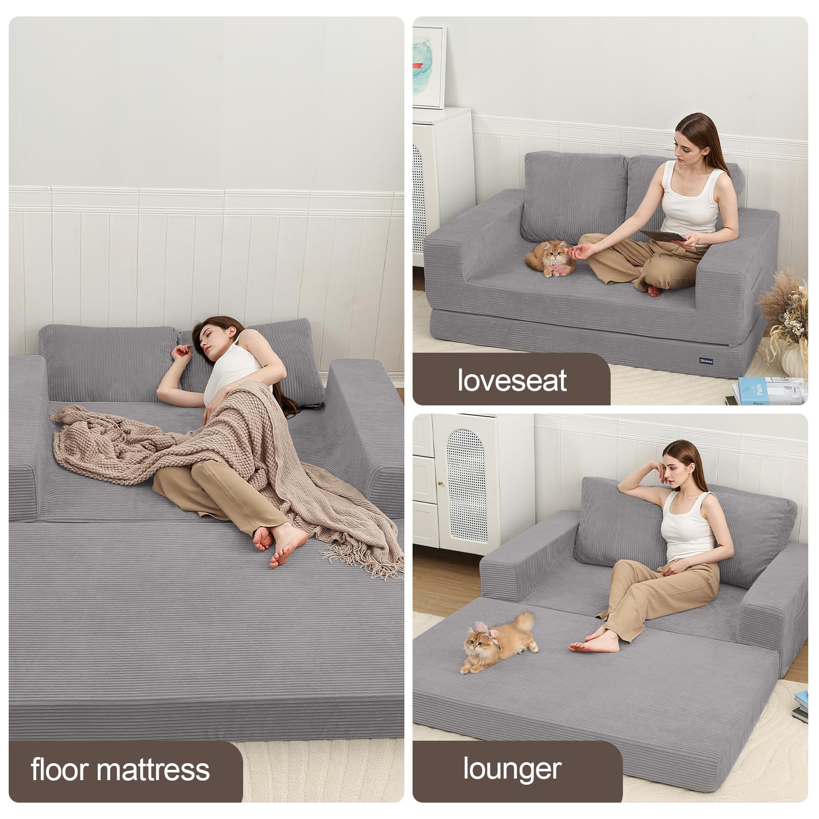COMAX Futon Sofa Bed, 4‑in‑1 Convertible Sofa Bed, Folding Boneless Couches | Boneless Couch for living room, Fold Out Small Foldable Loveseat Floor Sleeper Mattress Lounge Space‑Saving, Ash Gray