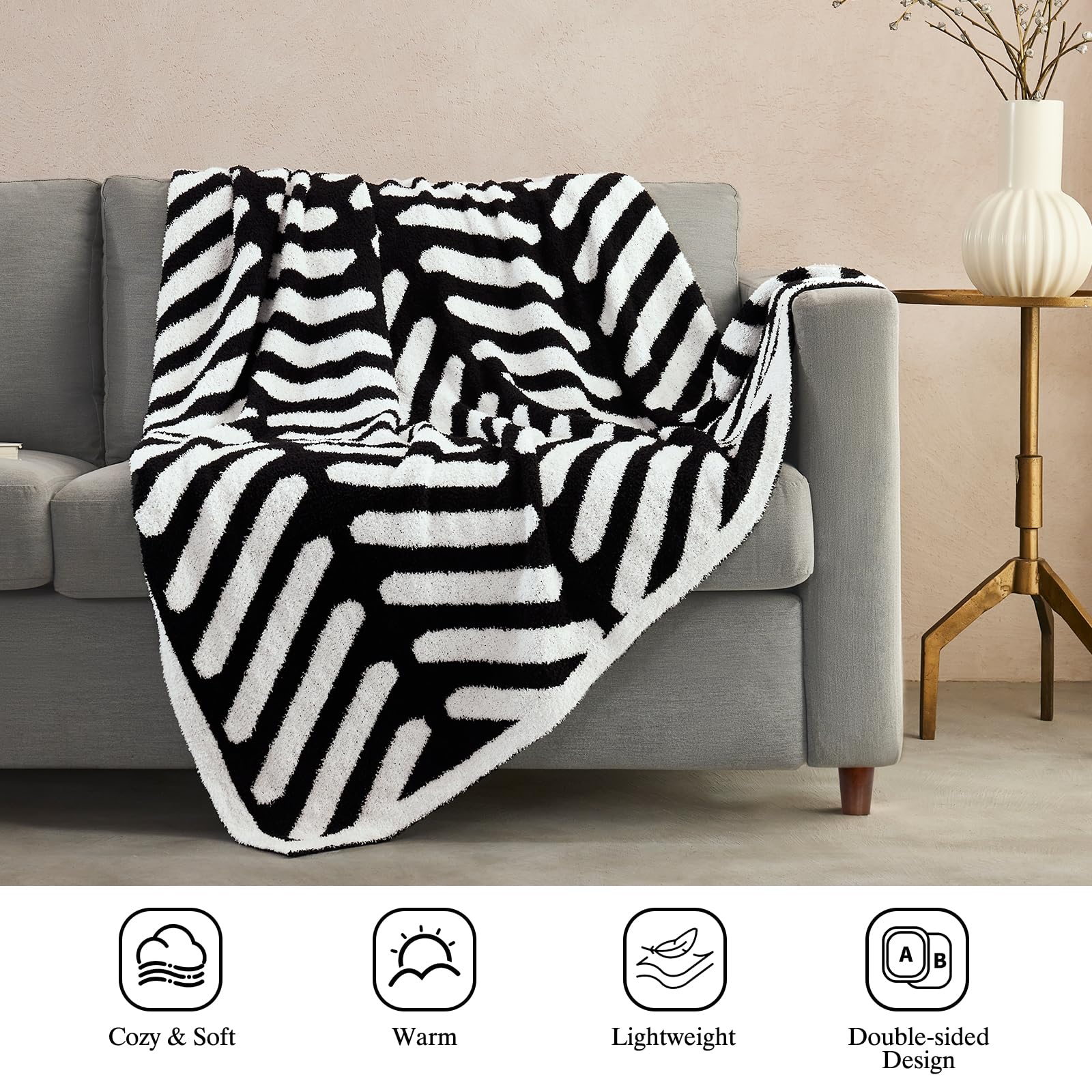 Checkered Throw Blanket, Black Soft Cozy Fluffy Knitted Throw Blankets for Couch, Sofa, Bed, Chair, Warm Fuzzy Travel Picnic Lightweight Plaid Blanket, 50x70 inches