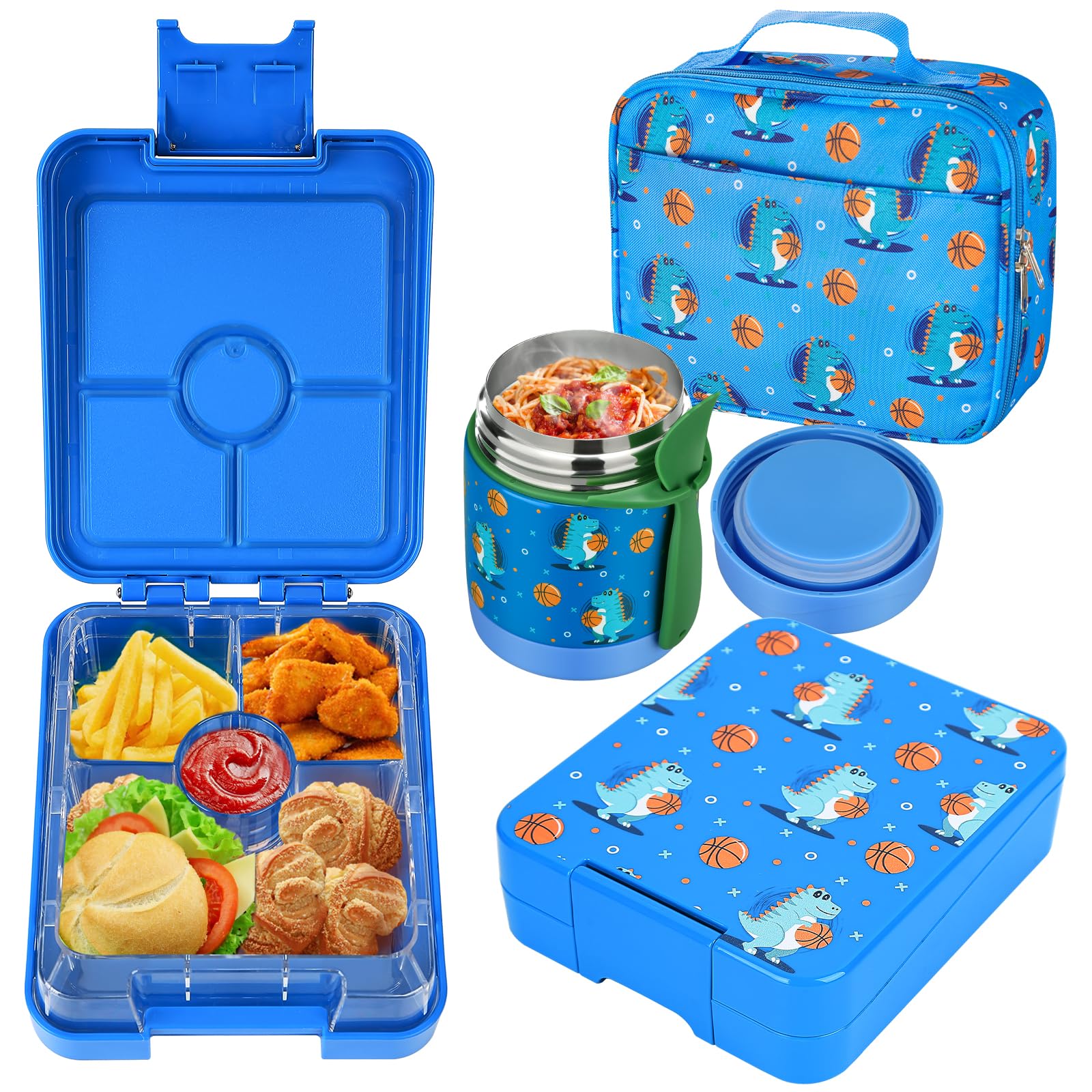 Bento Lunch Box Set for Kids with 10oz Soup Thermo, Leak-Proof Lunch Containers with 4 Compartment, Kids Thermo Hot Food Jar and Insulated Lunch Bag for Kid to School,BPA-Free(Basketball)