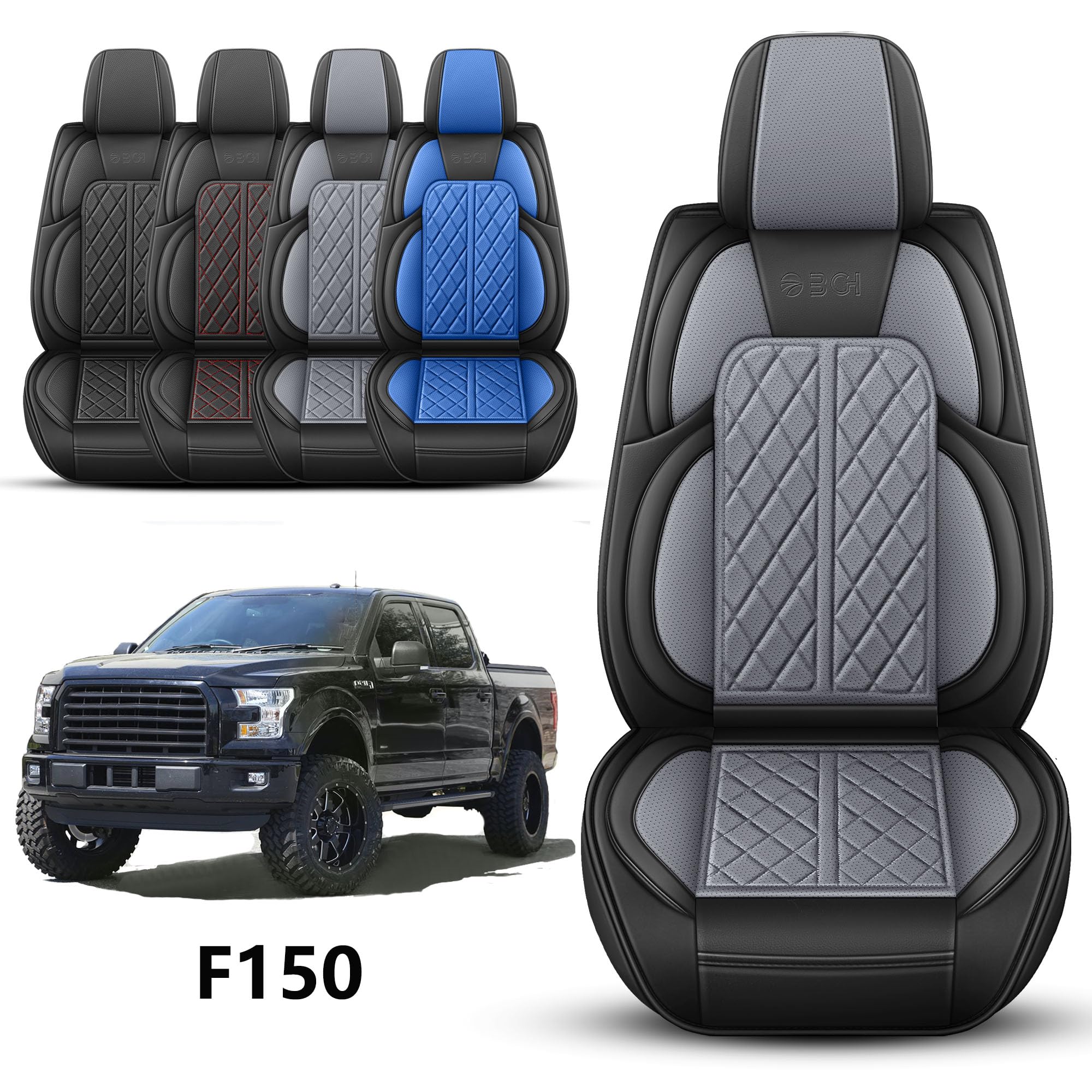 Car Seat Cover Custom Fit for Ford F150 2009-2026 Faux Leather Seat Cover Set Compatible with Regular Cab Super Cab Super Crew Pickup Truck Cushions (Black, Front Seat)