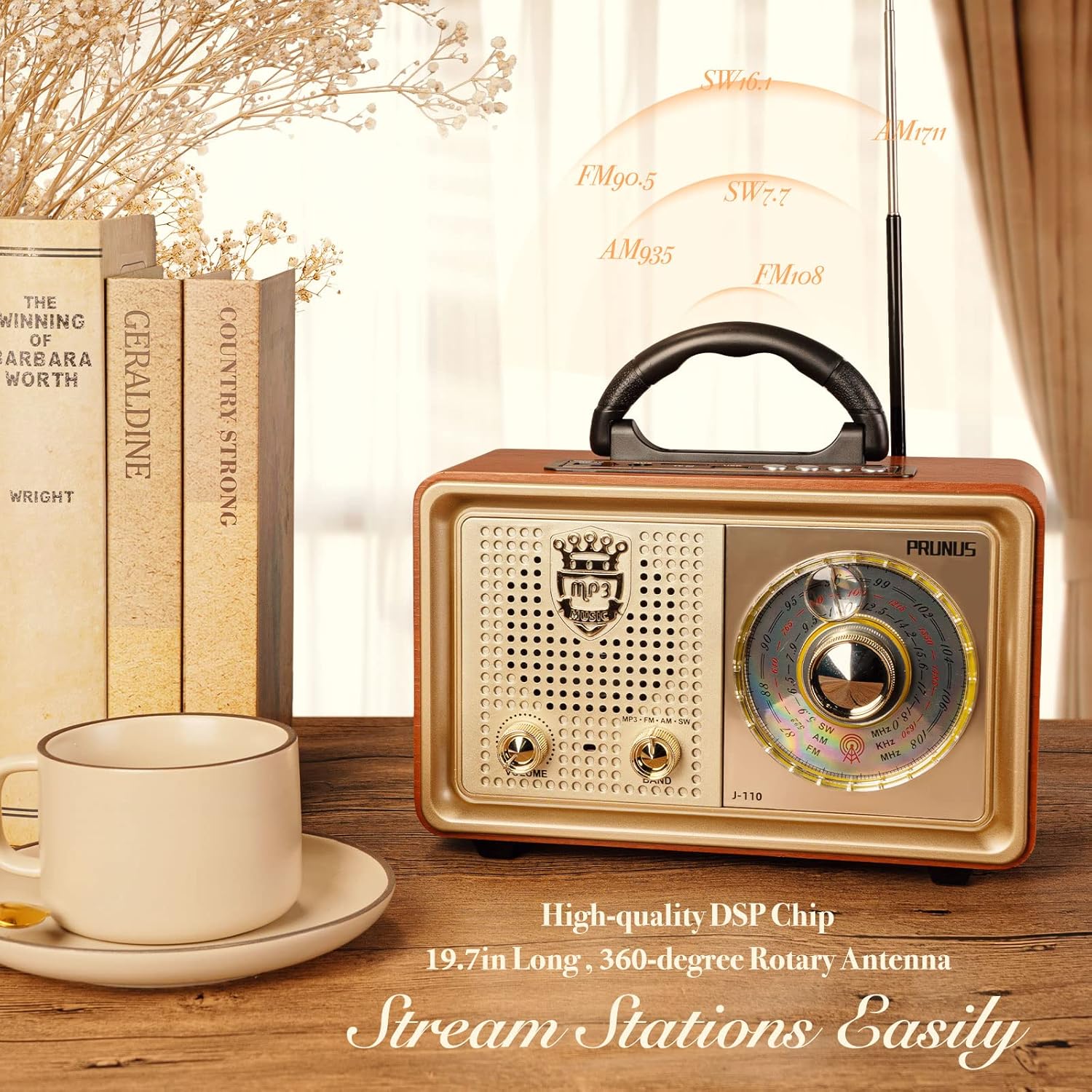 PRUNUS J-110 Radio Portable AM FM, for Mom,Transistor Radio Plug in Wall AC Power & Battery Powered & Rechargeable for Emergency,Vintage Radio with Bluetooth, Gift for Mom