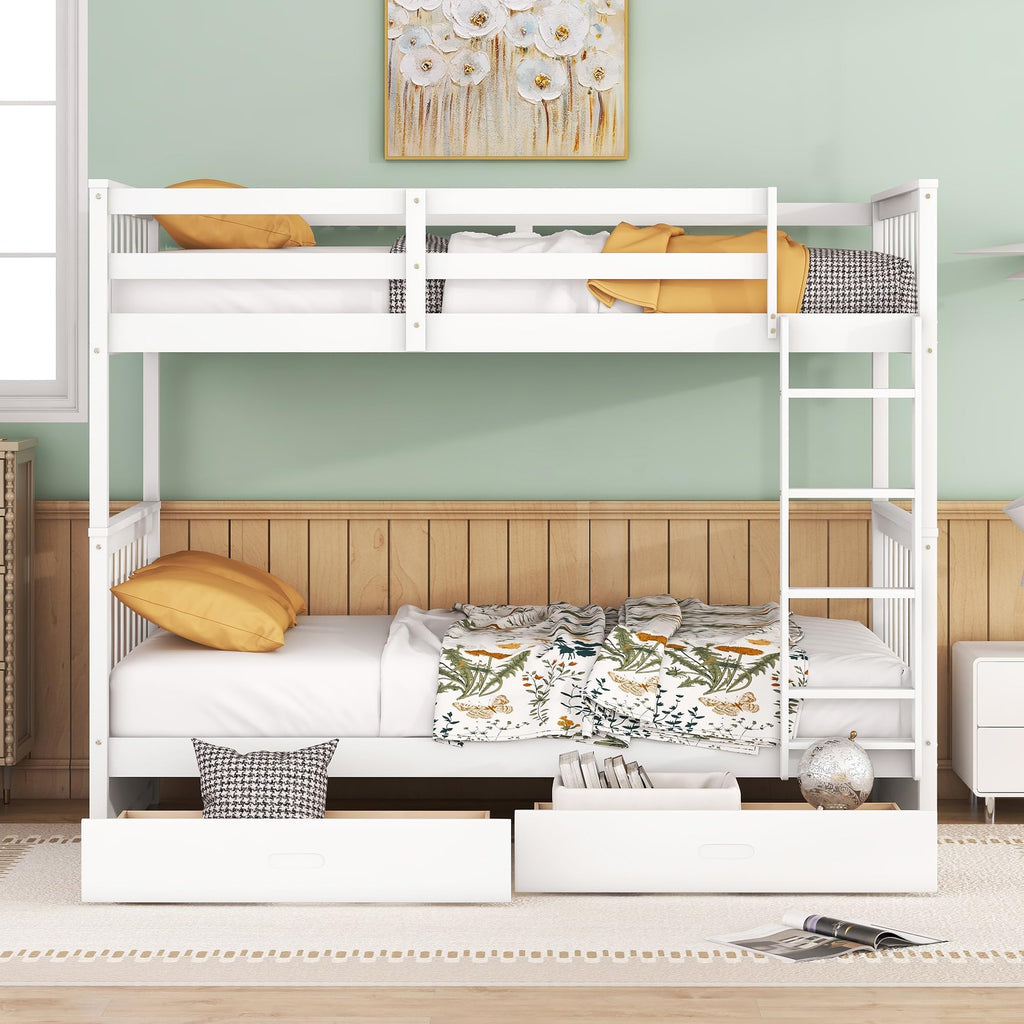 Merax Wood Bunk Bed with Two Drawers,Convertible Wood Bunk Bed with Ladders and Two Storage Drawers,Solid Wood Detachable Bed Frame with Ladders, Twin Over Full Size, Espresso