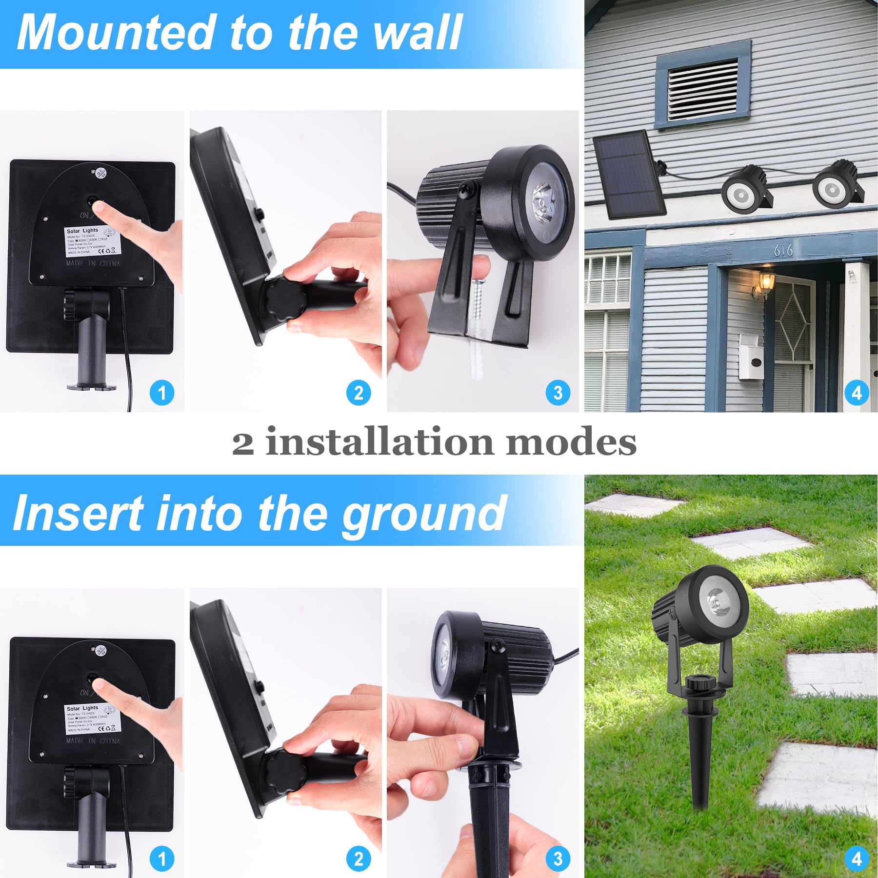 Solar Spot Lights Outdoor, Solar Landscape Spotlights IP65 Waterproof 9.8ft Cable,Auto On/Off Outdoor Wall Lights for Garden Yard Driveway Porch Walkway Pool (3000K Warm White)
