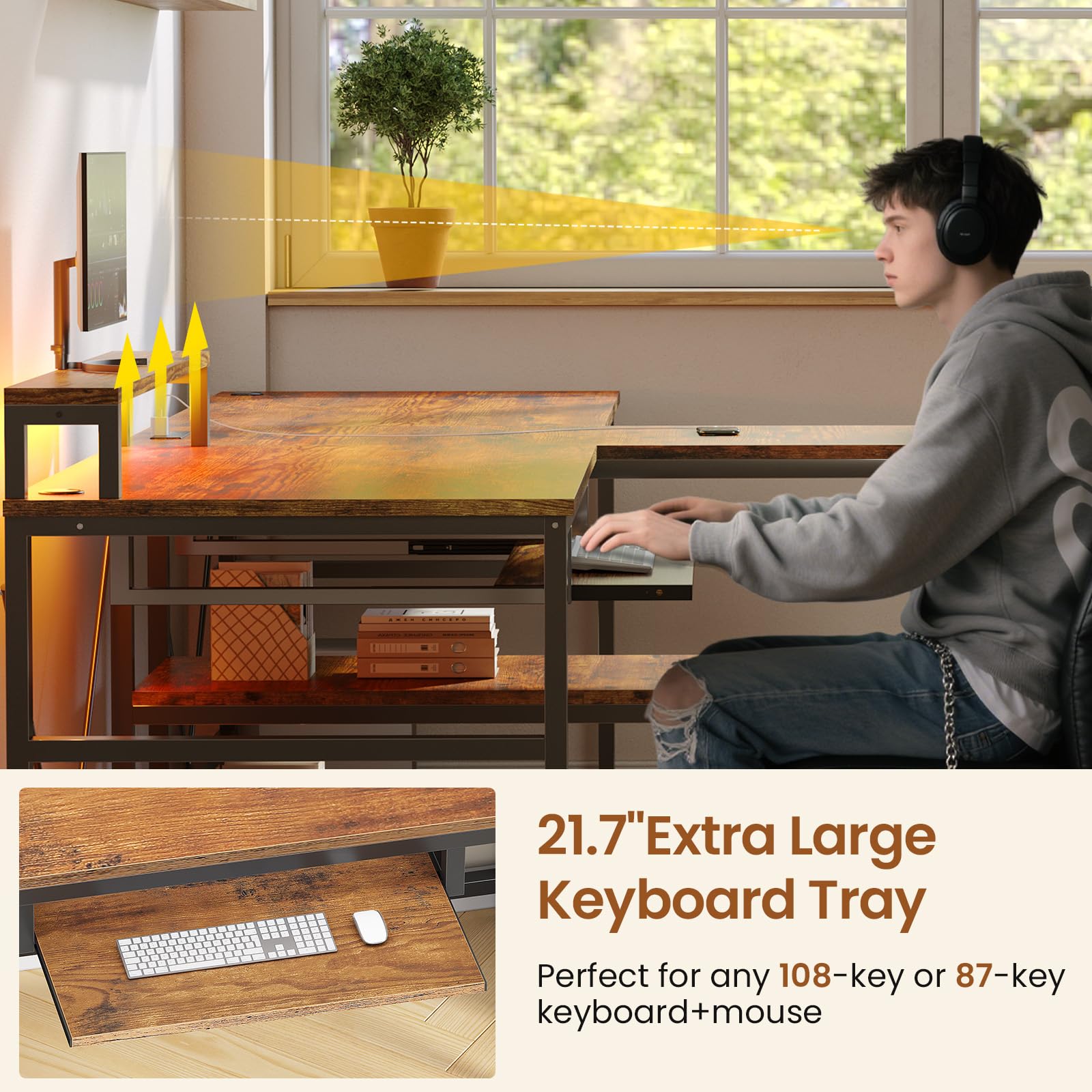 SEDETA 94.5" Office Computer Desk, 2 Person Gaming Desk with Storage, LED Lights, Keyboard Tray, Power Strip with USB & Monitor Stand, Long Two Person Desk for Home Office, Black