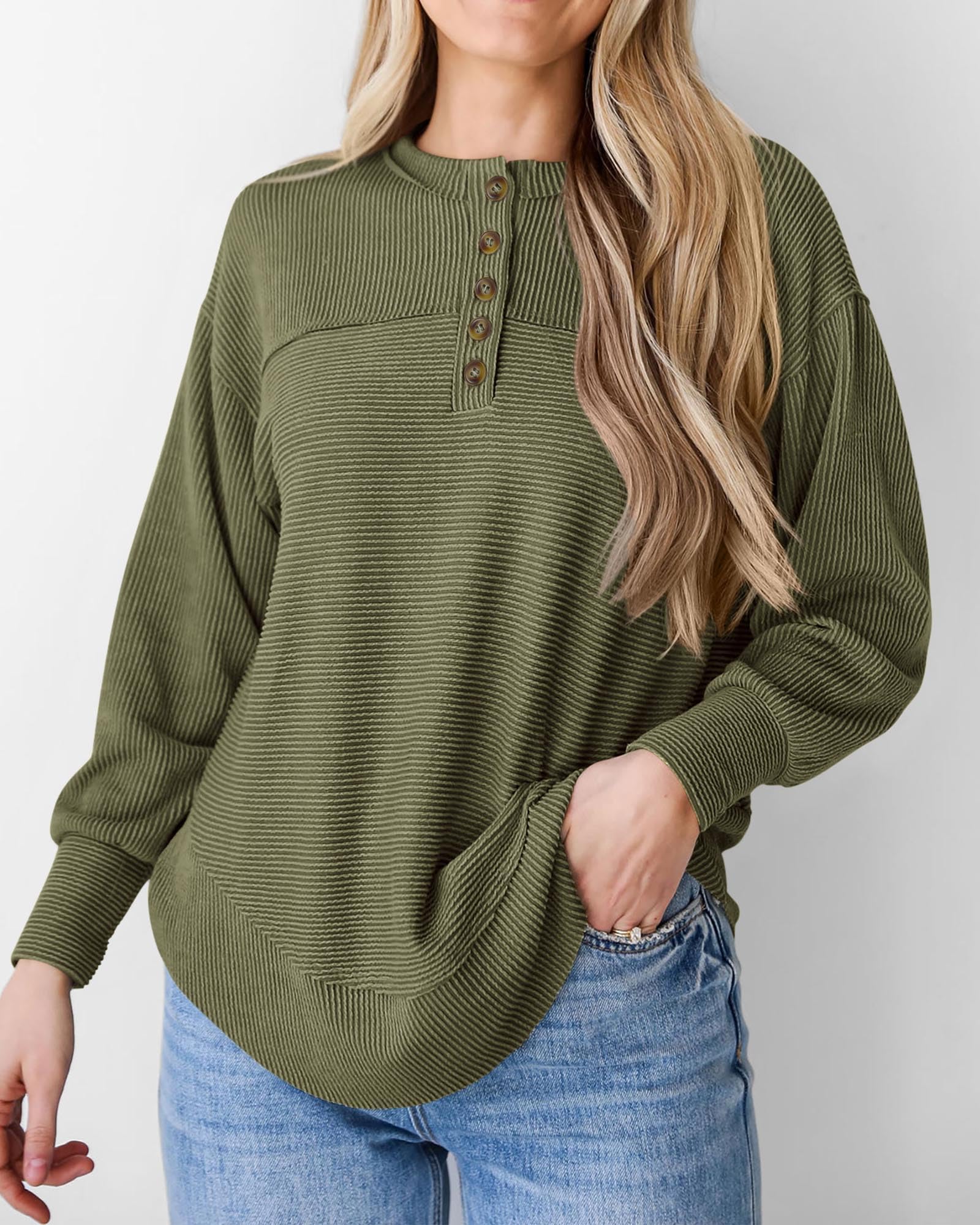KIRUNDO Going Out Tops for Women Henley Shirts 2025 Casual Ribbed Knit Long Sleeve Tunic Summer Fall Button V Neck Blouse