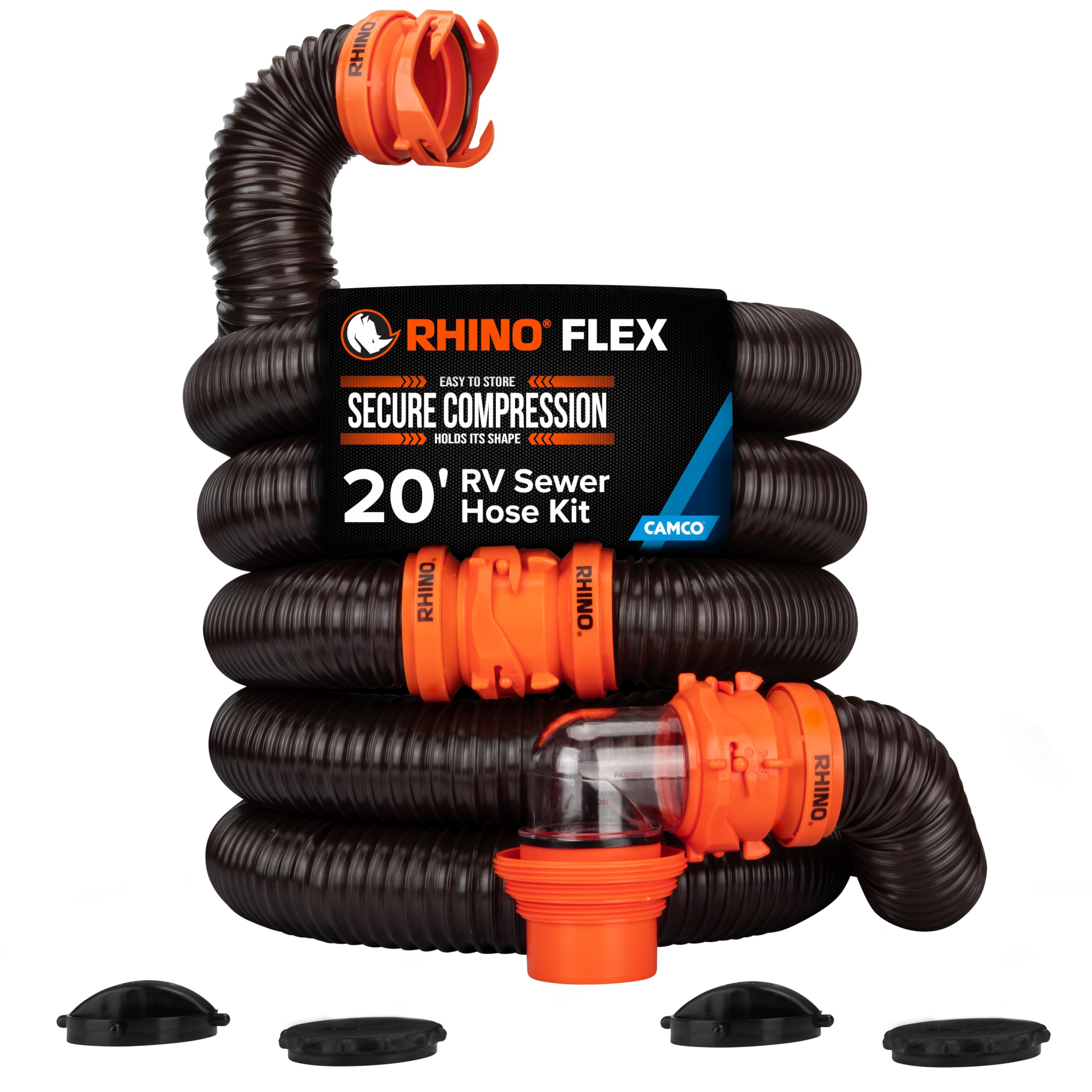 Camco RhinoFLEX 15' RV Sewer Hose Kit — Includes 4-in-1 Adapter, Clear Elbow, & Caps — Connects to 3″ Slip & 3″, 3 1/2″, 4″ NPT Threaded Sewer Connections (39770)