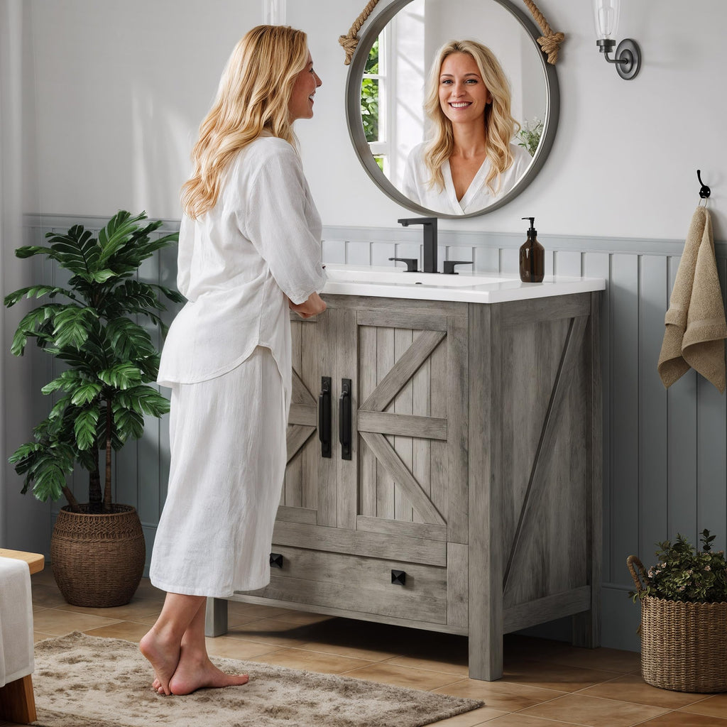 YITAHOME 30 Inch Farmhouse Bathroom Vanity with Sink, Small Space Bathroom Storage Cabinet with Large Drawer, 2 Wood Barn Doors with Built-in Door Racks