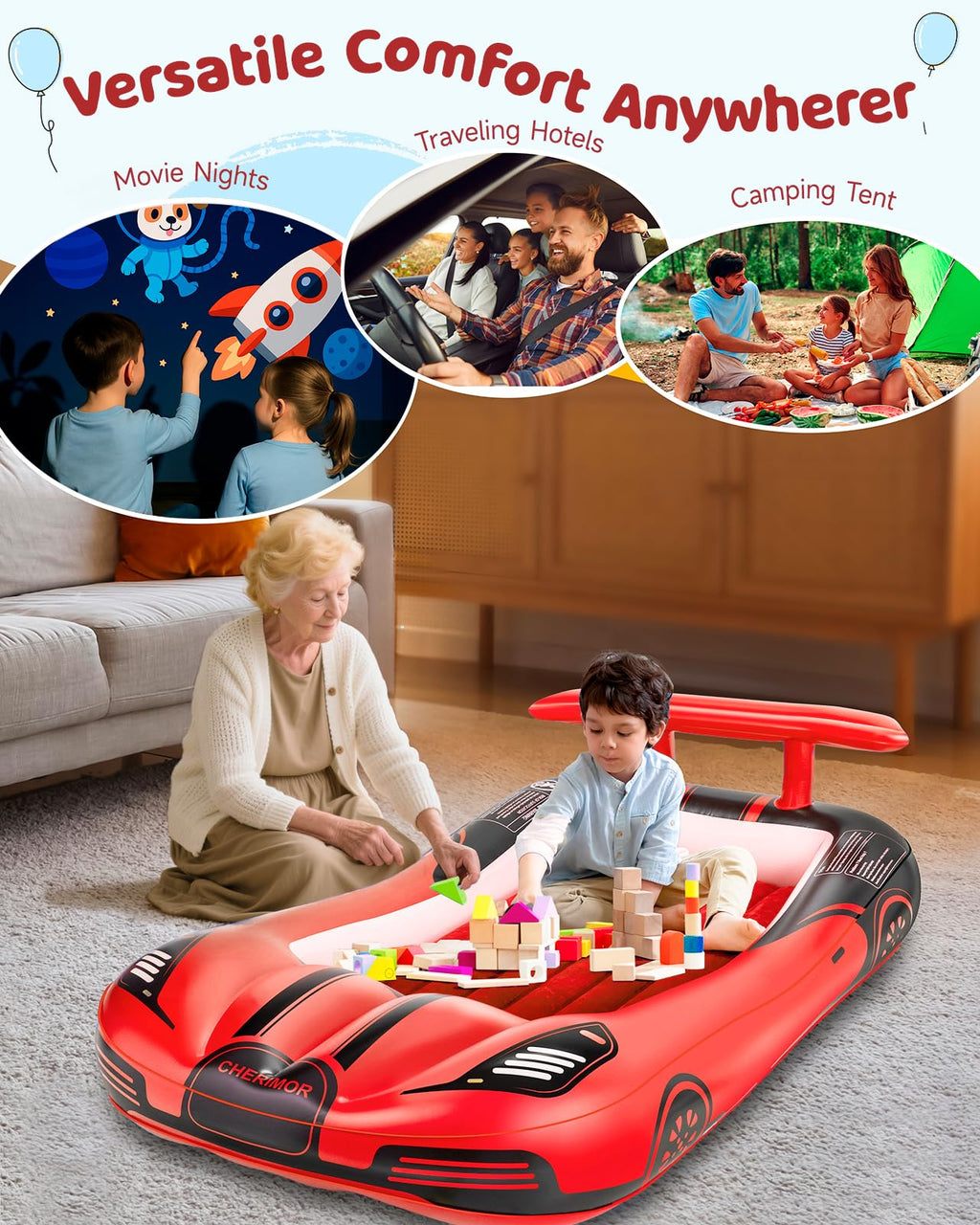 CHERIMOR Inflatable Toddler Travel Bed with Safety Bumpers & 2 Mins Auto Inflation Pump, Portable Toddler Kids Air Mattress with Carry Bag for Home Grandma's Sleepovers Travel Camping, 330lbs Support