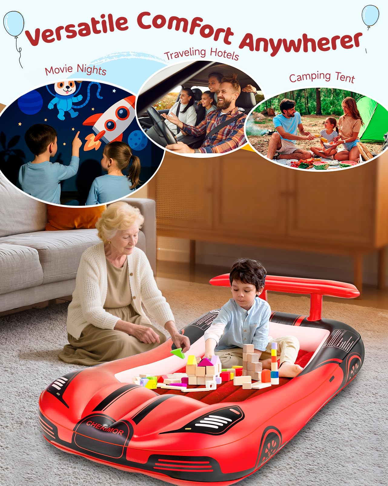 CHERIMOR Inflatable Toddler Travel Bed with Safety Bumpers & 2 Mins Auto Inflation Pump, Portable Toddler Kids Air Mattress with Carry Bag for Home Grandma's Sleepovers Travel Camping, 330lbs Support