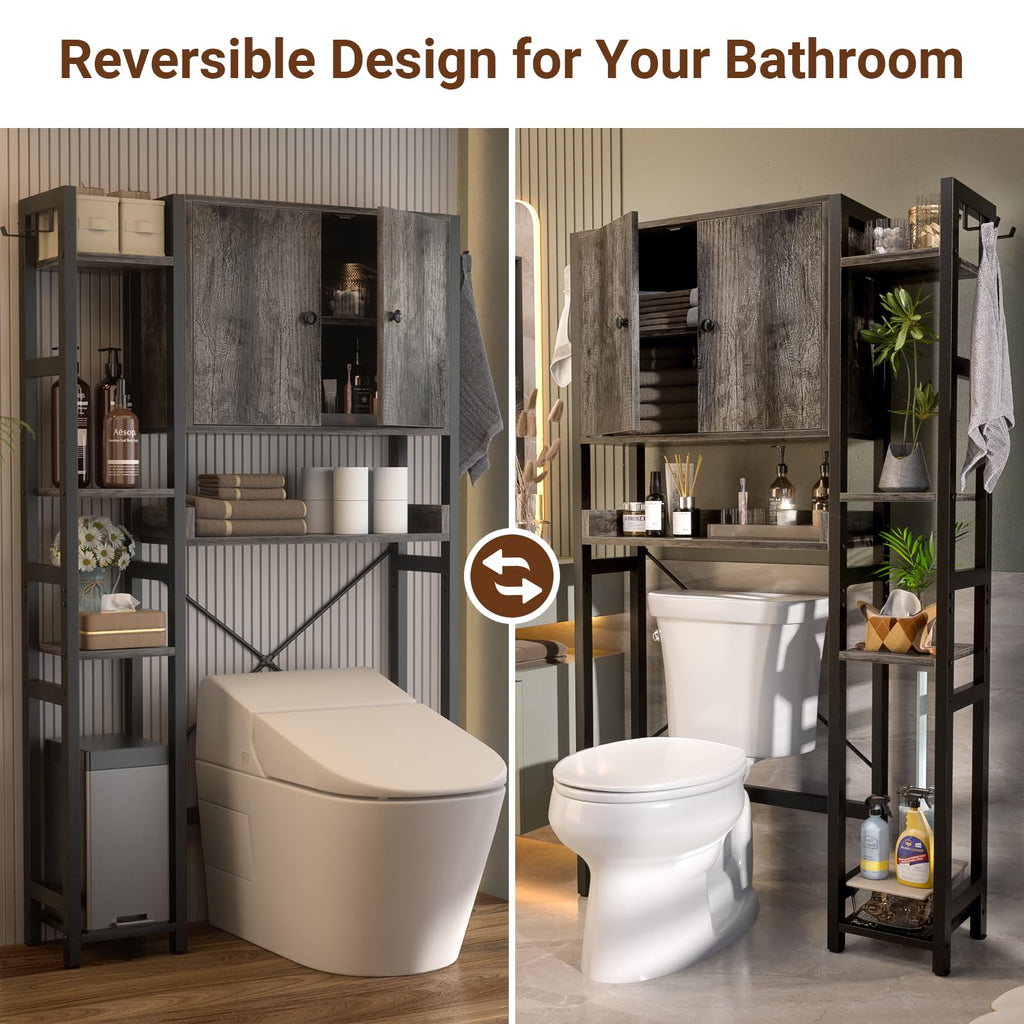 Over The Toilet Storage Cabinet with Doors - 7 Tier Bathroom Organizer with Adjustable Shelf, Freestanding Space Saver Rack Above Toilet Stand with 4 Hooks for Bathroom, Restroom, Laundry, Black