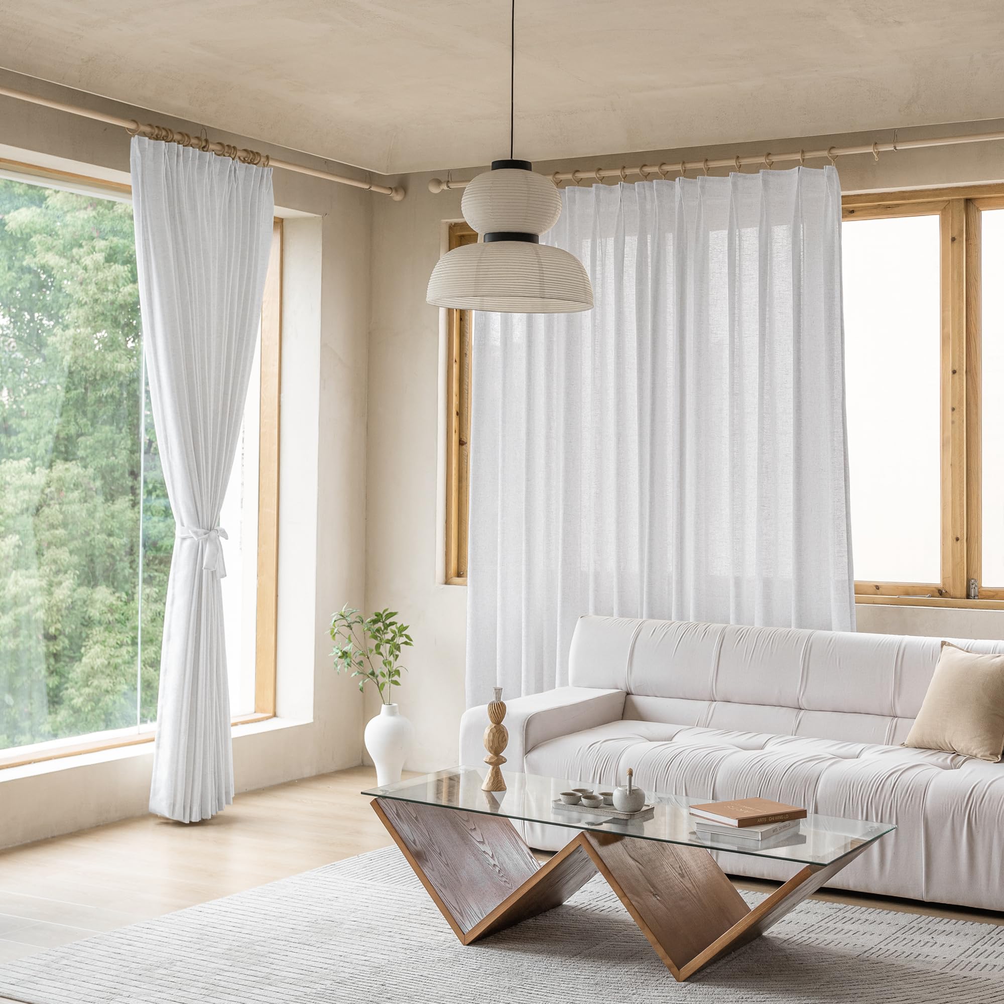 MAIHER Linen Textured Pleated Curtains 63 Inches Long for Living Room, Light Filtering Pinch Pleat Semi Sheer Drapes Curtains with Tieback and Hooks, Natural Linen (1 Panel, 54" W x 63" L)