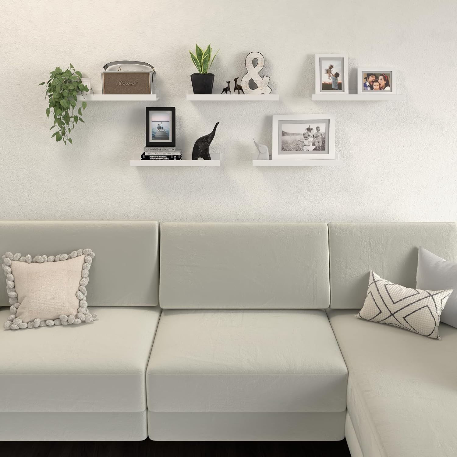 DOLLFIO Floating Shelves Set of 5, White Wall Shelves with Lip, Display Shelves for Wall Decor, Modern Picture Ledge for Living Room, Bedroom, Nursery, Bathroom, Pictures, Books, Plants- White